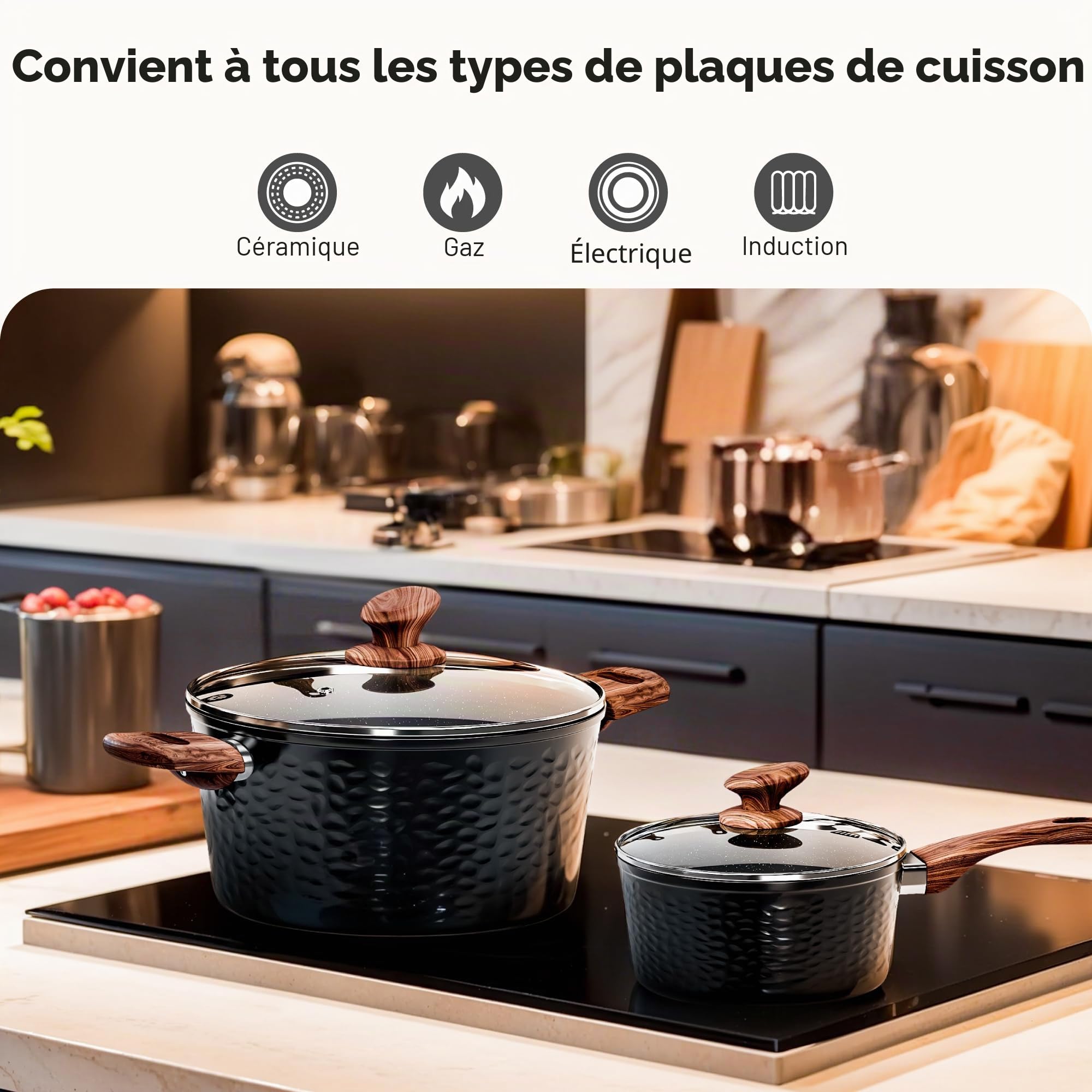 Kitchen Academy Set de 12 Casseroles et Poêles à Induction Noir | Revêtement en Granit et Couvercles en Verre Casseroles et Poêles Aluminium Antiadhésives Batterie de Cuisine à Gaz