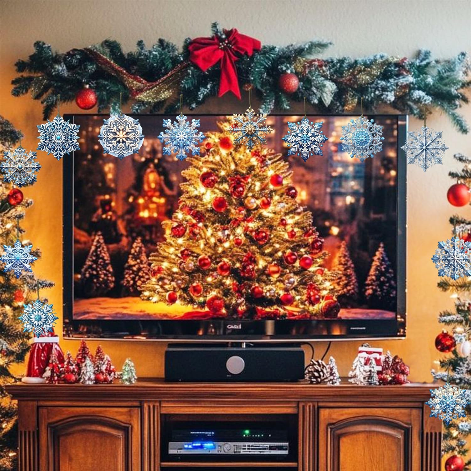 12Pcs Snowflake Decorations for Party Decor Christmas Accessories Wooden Christmas Ornaments with Hemp Rope Blue White Snowflake Hanging Ornaments Winter Xmas Hanging Decorations for Room Wall Decor - Image 6