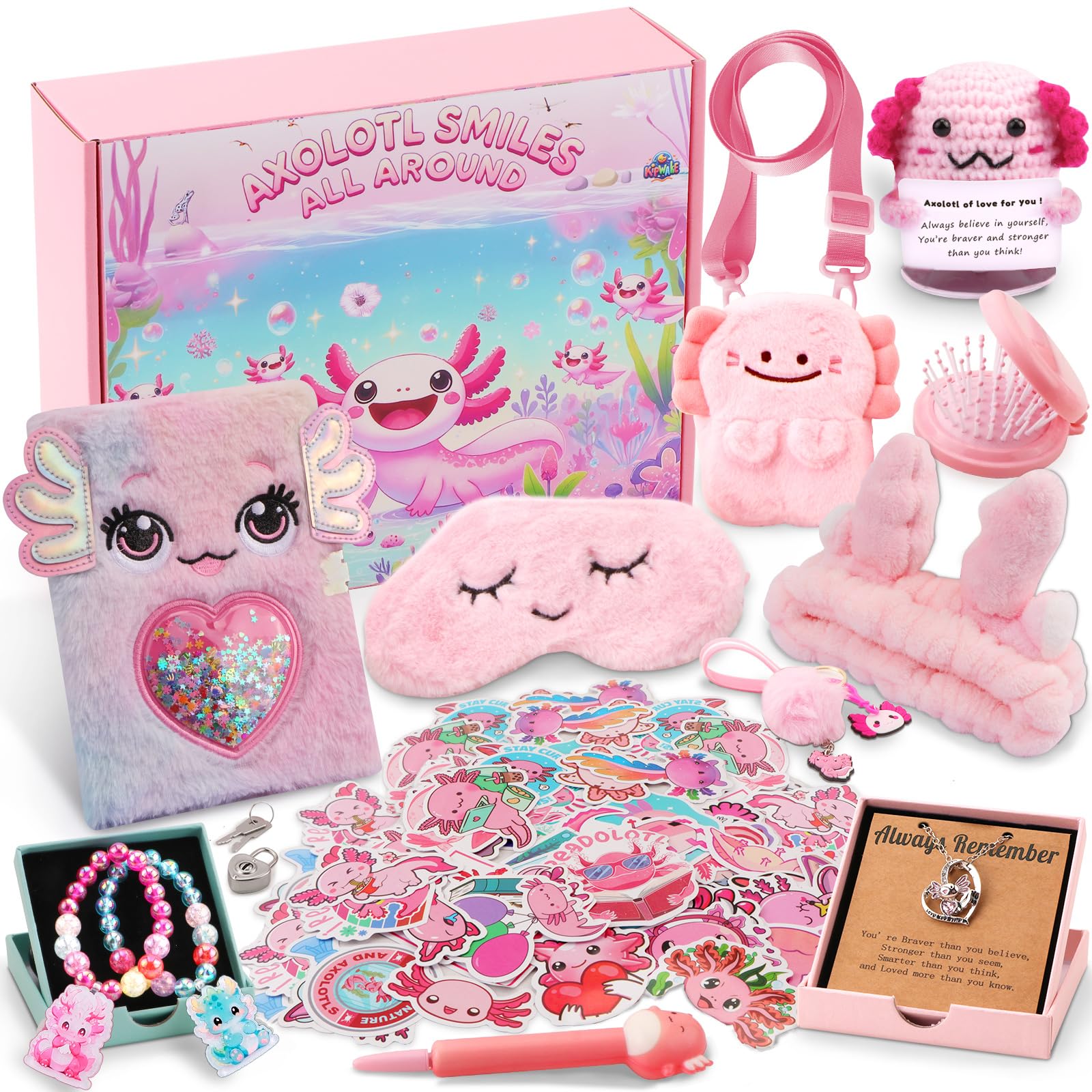 Axolotl Gift Set for Girls - Cute Axolotl-Themed Toy Box with Fluffy Diary, Stickers,Pen, Crocheted Stuffed Animal, Pink Purse, Necklace, Keychain, and More Axolotl Stuff - Birthday Gifts for Kids