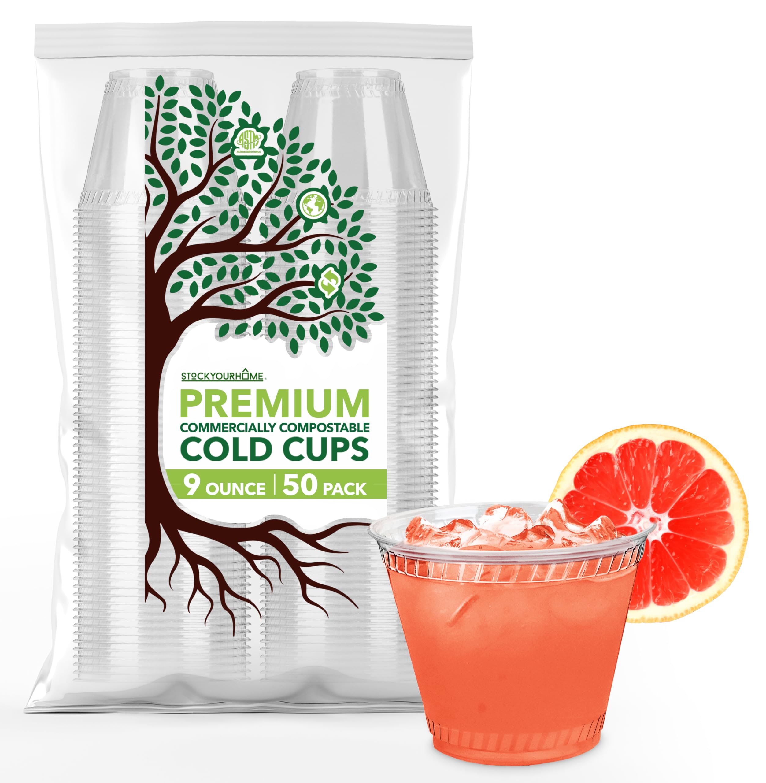 Stock Your Home 9 oz Premium Commercially Compostable Cold Cups (50 Pack) Plant Based Eco Party Cup, Environmentally Friendly Recyclable Disposable Sustainable for Water, Wine, Beer Sample