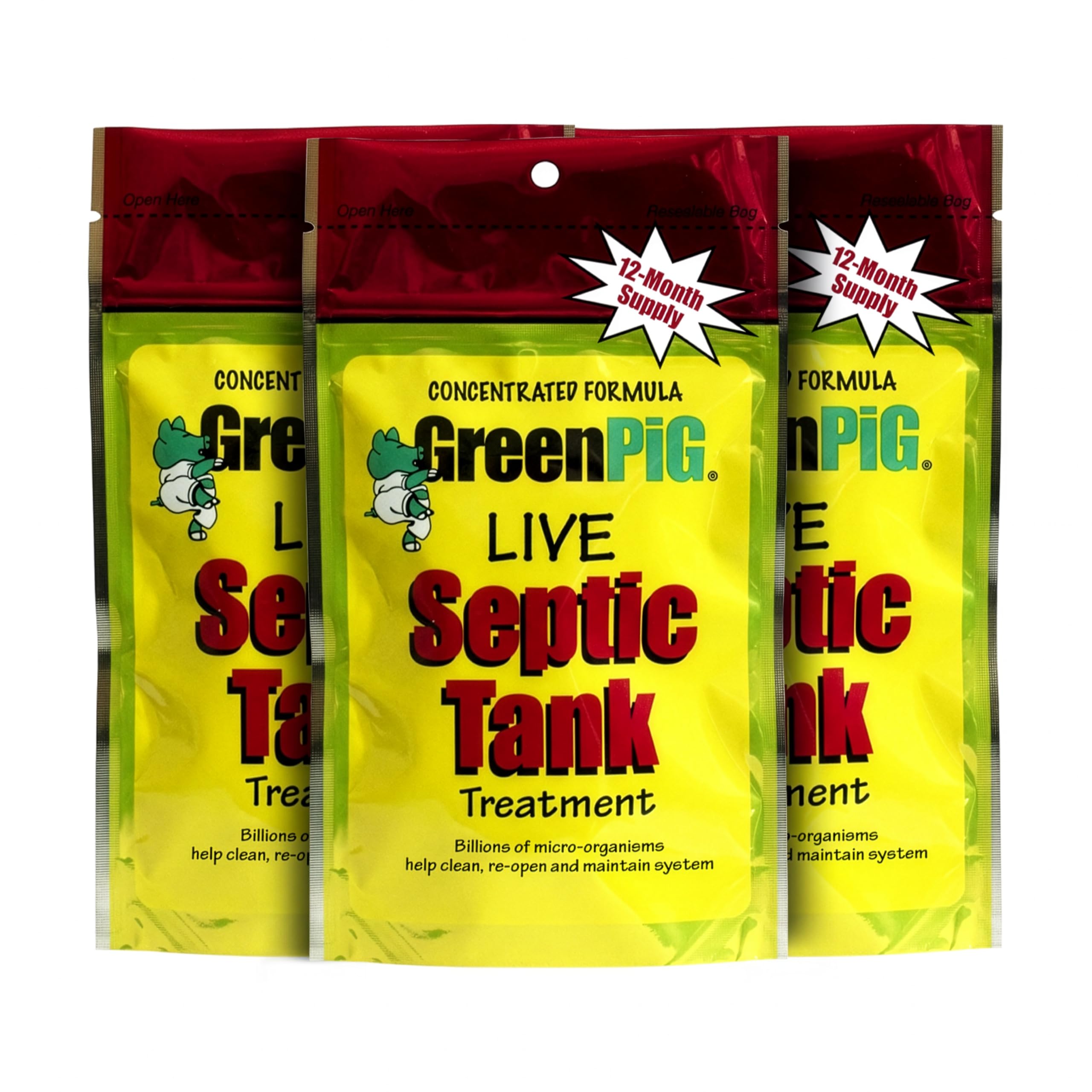 Green Pig Septic Tank Treatment Packets – Septic-Safe Enzyme Treatment for Preventative Maintenance, Helps Prevent Clogs & Odors, 3-Year Supply (12 Packets)