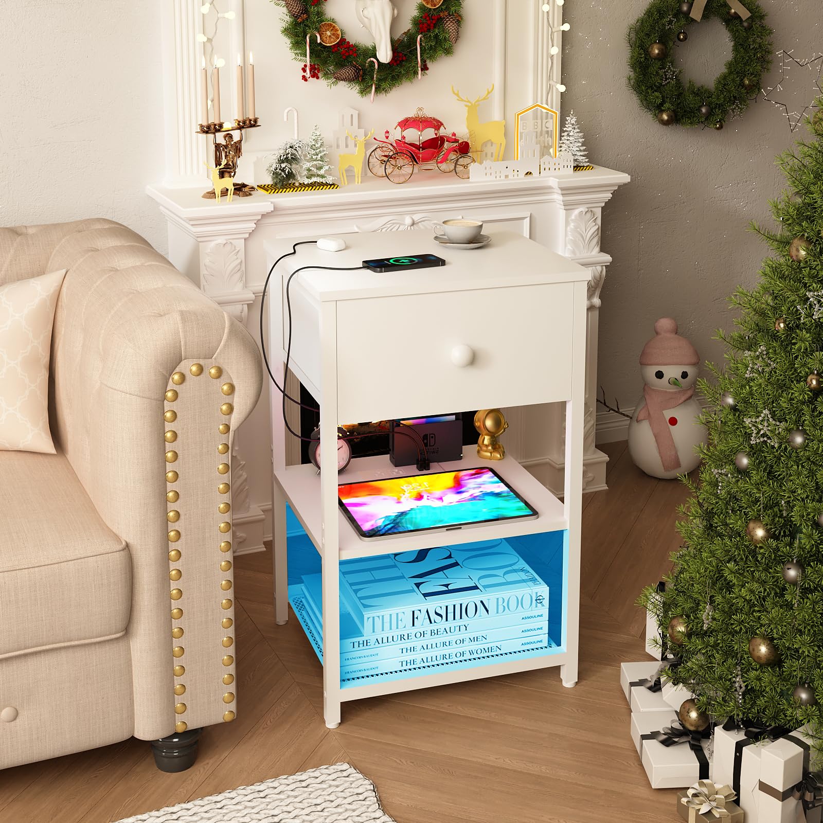 EGGREE Comodino con stazione di ricarica, scrivania con cassetti, comodini con 2 porte USB e 2 prese di corrente, adatto per camera da letto, soggiorno,ufficio, colore marrone vintage