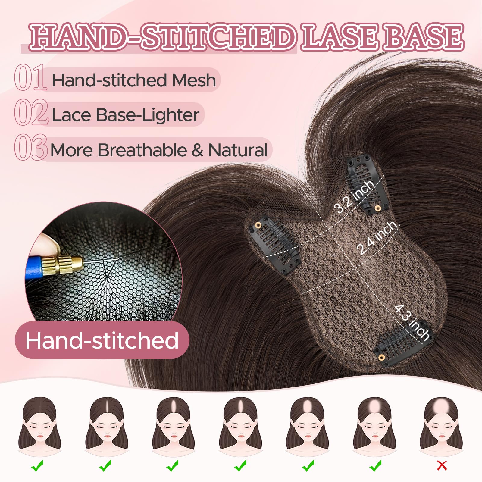 SEGOHAIR Echthaar Hair Topper für Frauen mit Seitenpony - 21g Handgebunden Basis Haar Topper Atmungsaktives Tüllnetz Spitze Basis 100% Echtes Haar Clip in Topper Mokkabraun