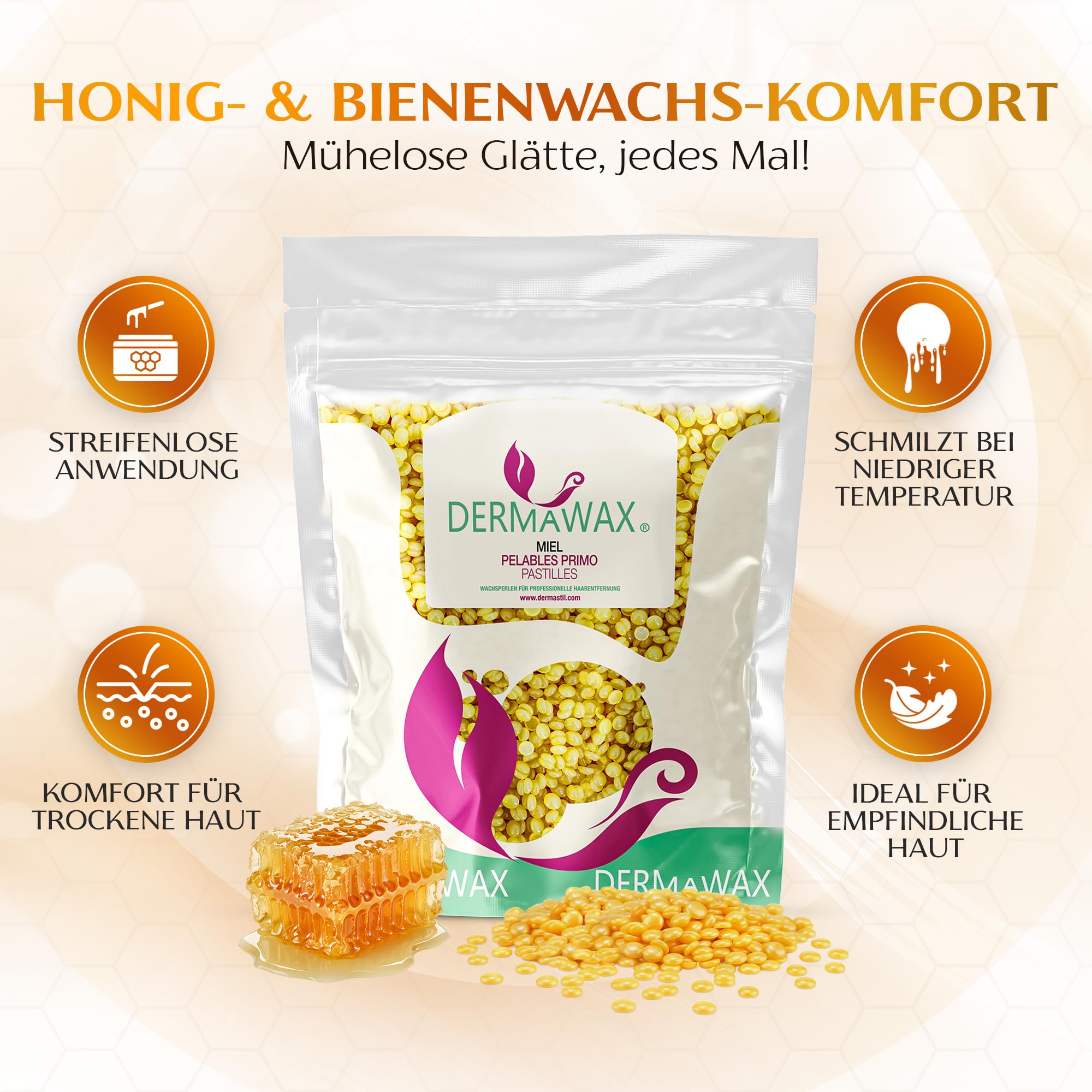 Dermawax Crystal Honig Wachsperlen zur Haarentfernung 1kg – Sanftes Heißwachs für Gesicht, Beine, Achseln & Bikinizone – Warmwachs ohne Streifen – Professionelle Haarentfernung Made in Italy
