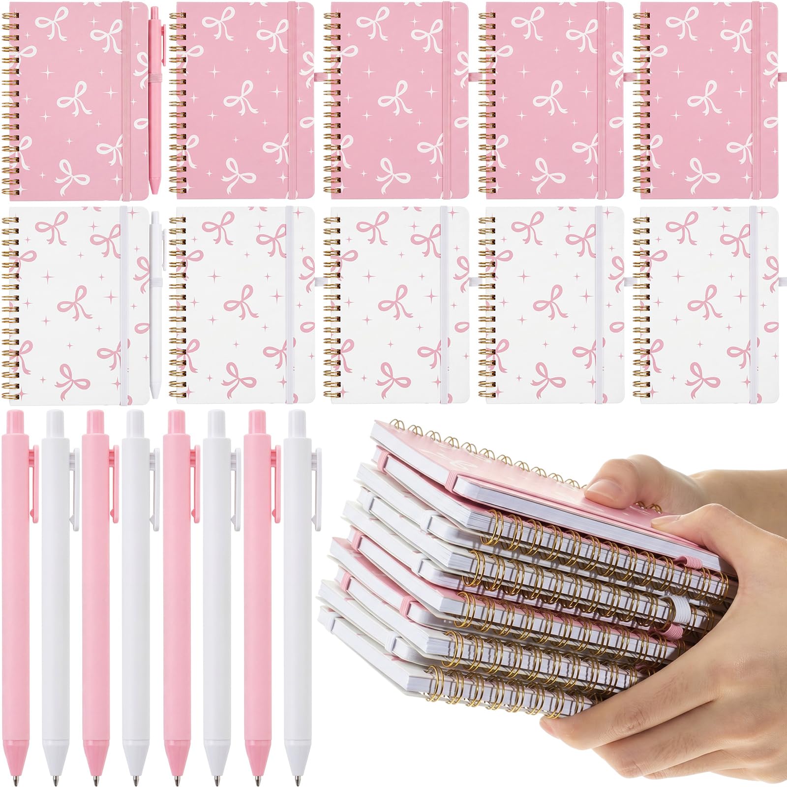 Fulmoon Set di 24 quaderni a spirale A6 con fiocco rosa con penne a sfera, 50 fogli, 10,2 x 15,2 cm, piccolo fiocco, quaderni a righe per il rientro a scuola, ufficio, regali per coquette