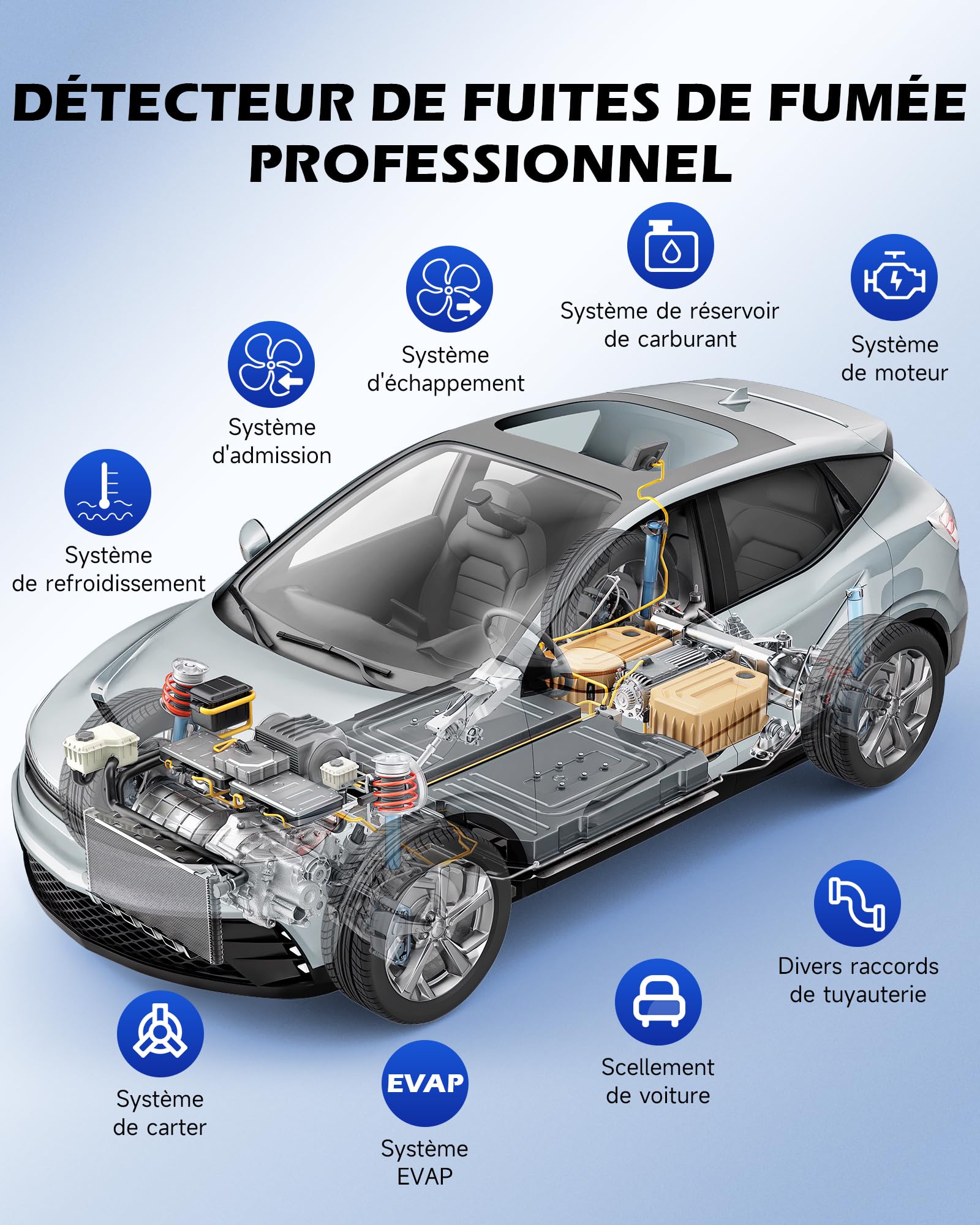 Orion Motor Tech Machine à Fumée EVAP Automobile DC 12V avec Détecteur de Fuites Voiture Détection de Fumée avec Manomètre d'Huile 6 L/Min Débitmètre d'Huile Minérale Airbag & Adaptateurs Cône