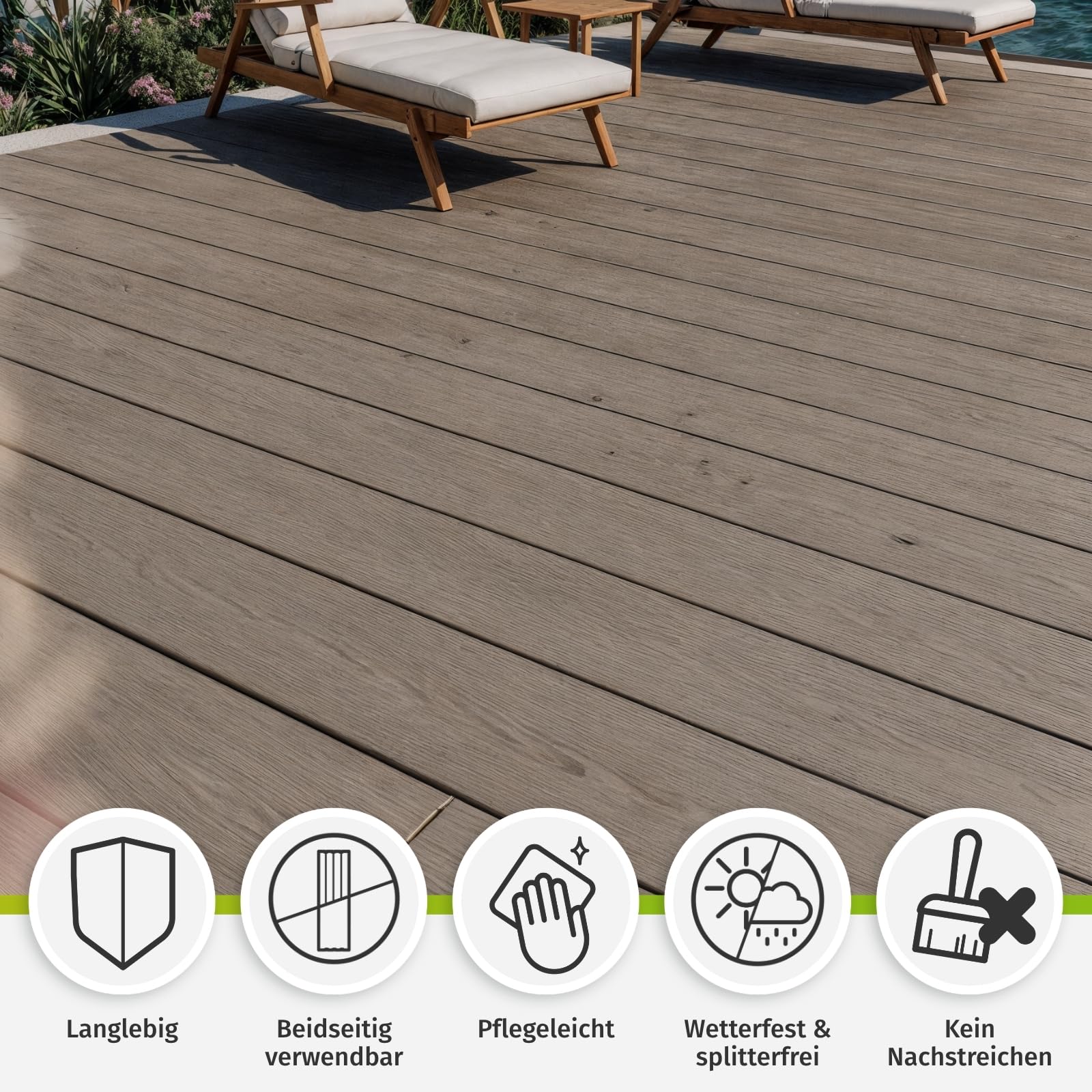 HORI WPC Terrassendielen Komplettset Treibholz Massivdiele XXL, inkl. 28x50 mm Unterkonstruktion & Clips, pflegeleicht & UV-beständig WPC Terrasse