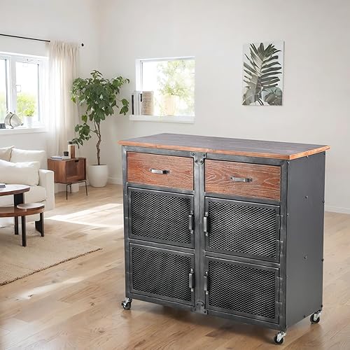 Miniatura 5 de Diwhy Gabinete de buffet industrial, gabinete de almacenamiento de acento industrial con puertas y cajones de rejilla de hierro, escritorio de