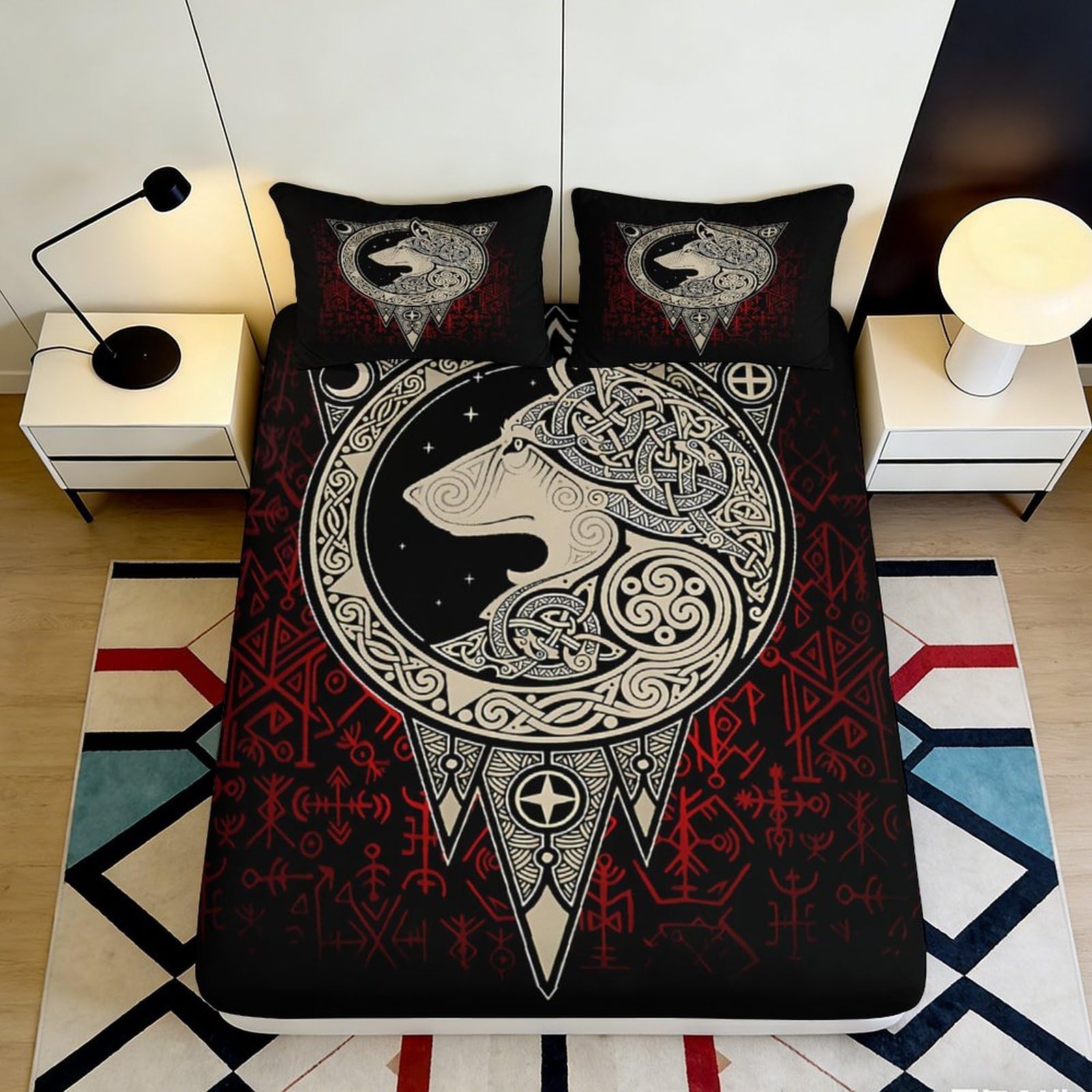 Pnayamiorkfel Style-6 3D Printed Norse Wolf Art Fitted Sheet Microfiber Black Red Bed Cover For Bedroom Guest Room Mattress Protection Decor 90X200x25cm