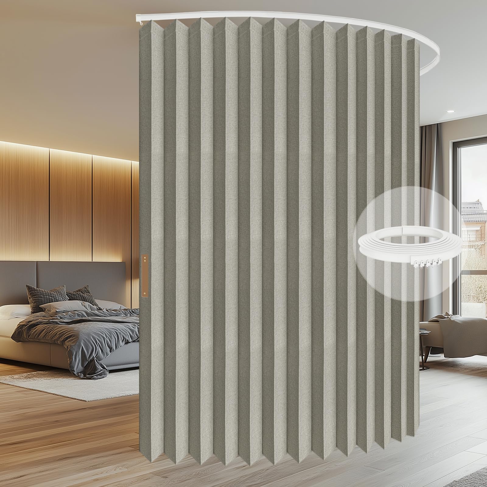 AJAZZ Blickdichter Vorhang als Falttür & Raumtrenner, Flexibler Paravent mit Biegsamer Schiene, Sichtschutz für Schlafzimmer, Balkon & Home Office, Grau, H213 x B254 cm (1er Pack)