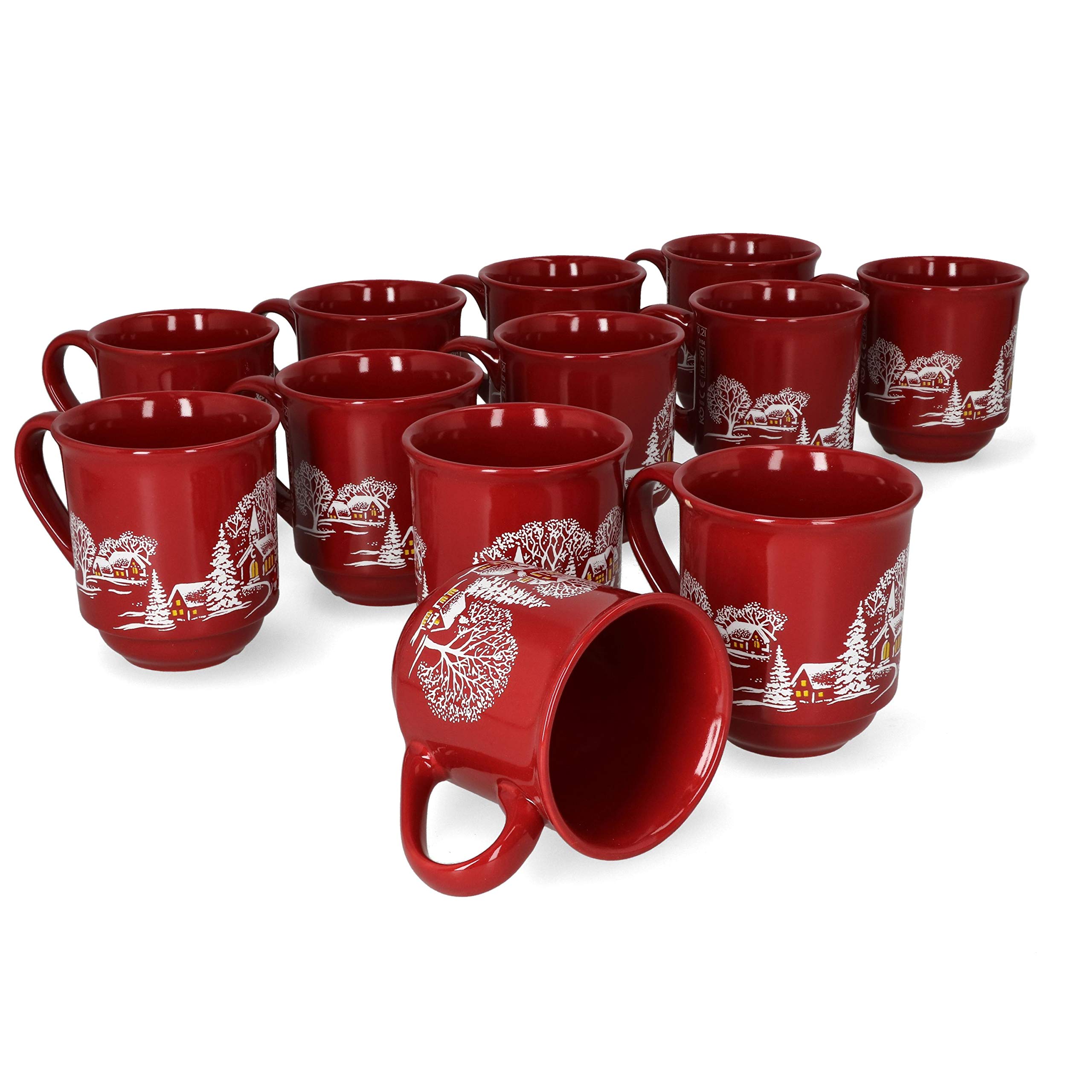 MamboCat 12er Set Glühweinbecher 0,2L mit Eichstrich I Klassische Weihnachtsmarkt Tasse mit Wintermotiv I Glühweintassen mit Henkel I Profi Gastronomiebedarf Feuerzangenbowle Becher aus Keramik rot