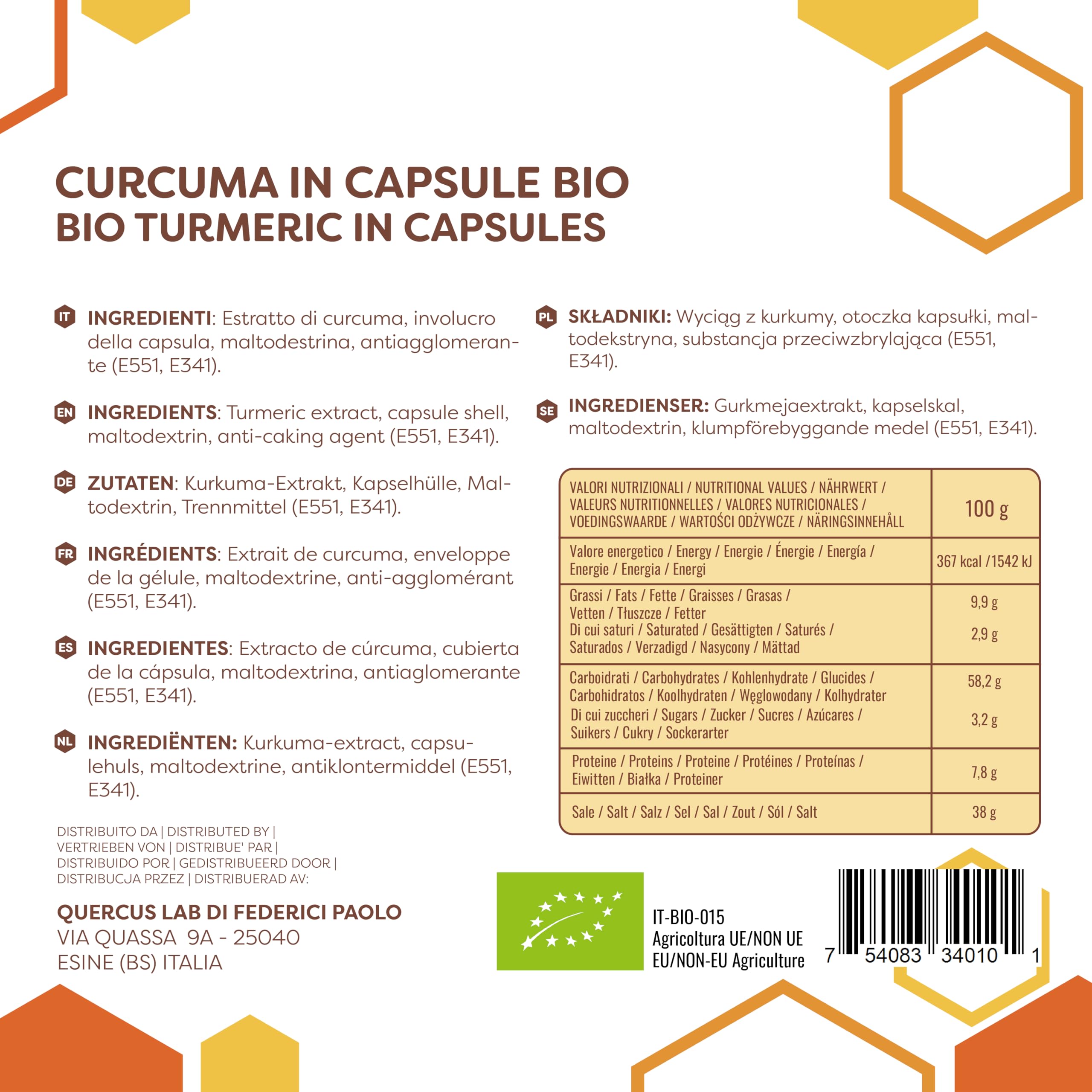 ERBOTECH Curcuma BIO in Capsule, Confezione da 100g, circa 140 Capsule, 100% Pura e Biologica, Concentrata e Senza Addittivi, Integratore Alimentare Naturale, Vegan