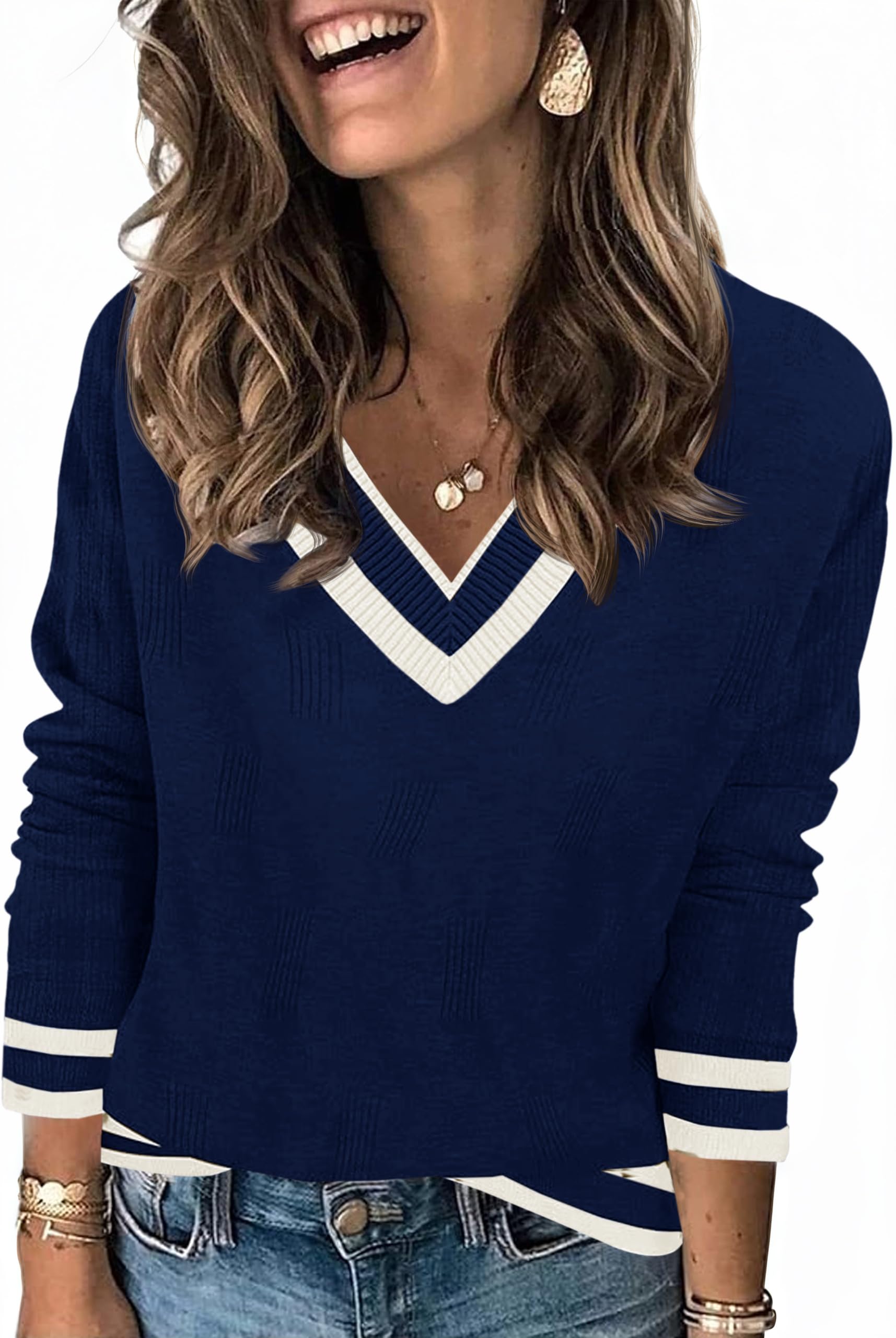Saodimallsu Damen Pullover Langarm V-Ausschnitt Strickpullover Leicht Gestreifte Strick Tops Lässig Basic Pulli Herbst Winter Oberteile