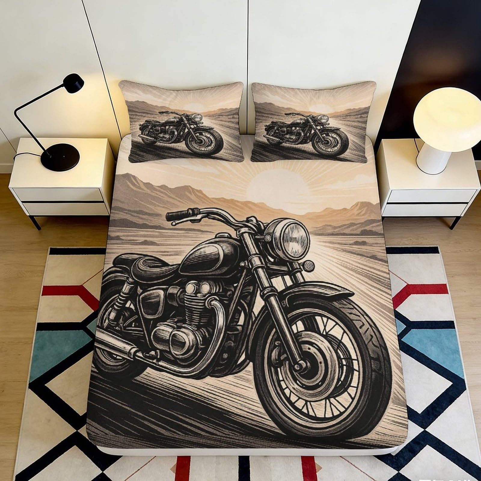 3D Printed Motorcycle Sunset Fitted Sheet Microfiber Anti-Slip Bed Cover for Bedroom Dorm Easy Care Decor 120x200x25cm