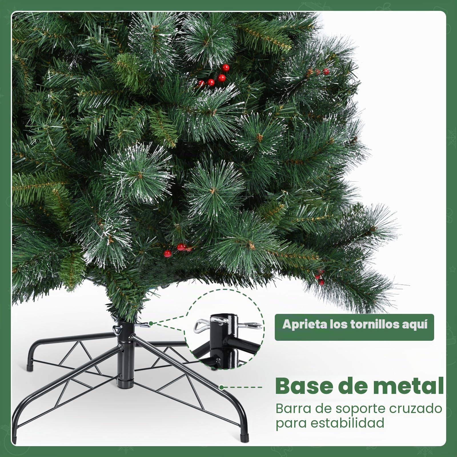 YEAUPE PRO Árbol de Navidad Artificial de 165cm con Bayas Rojas y Efecto Nieve, Decorado, PVC, Montaje en 3 Partes, Base de Metal