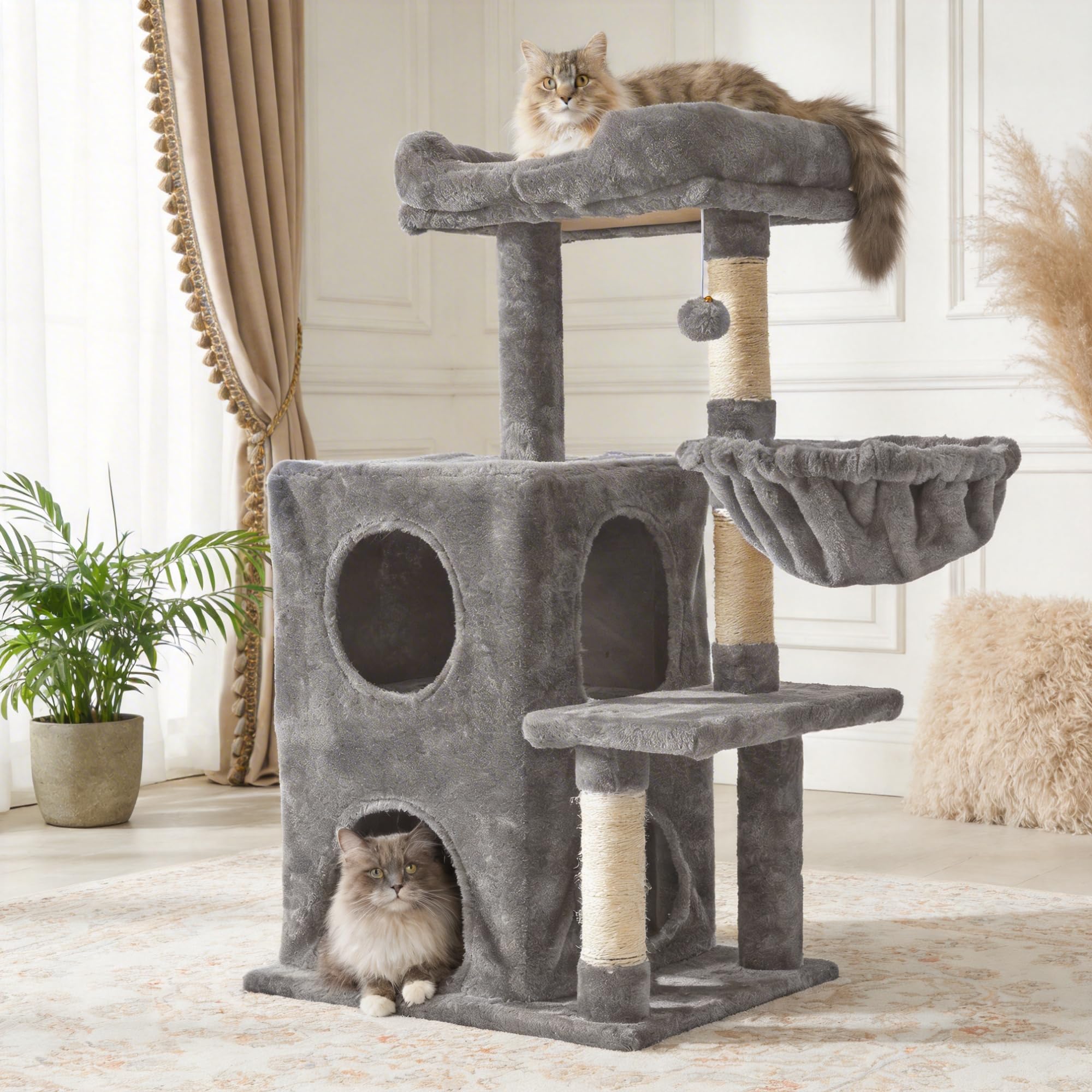 Fansafurn Torre de árbol para Gatos de Interior, casa de árbol para Gatos Adultos Grandes de 36 Pulgadas con escalones, Poste rascador, 2 condominios para Gatos, Juguetes Colgantes, Gris Claro