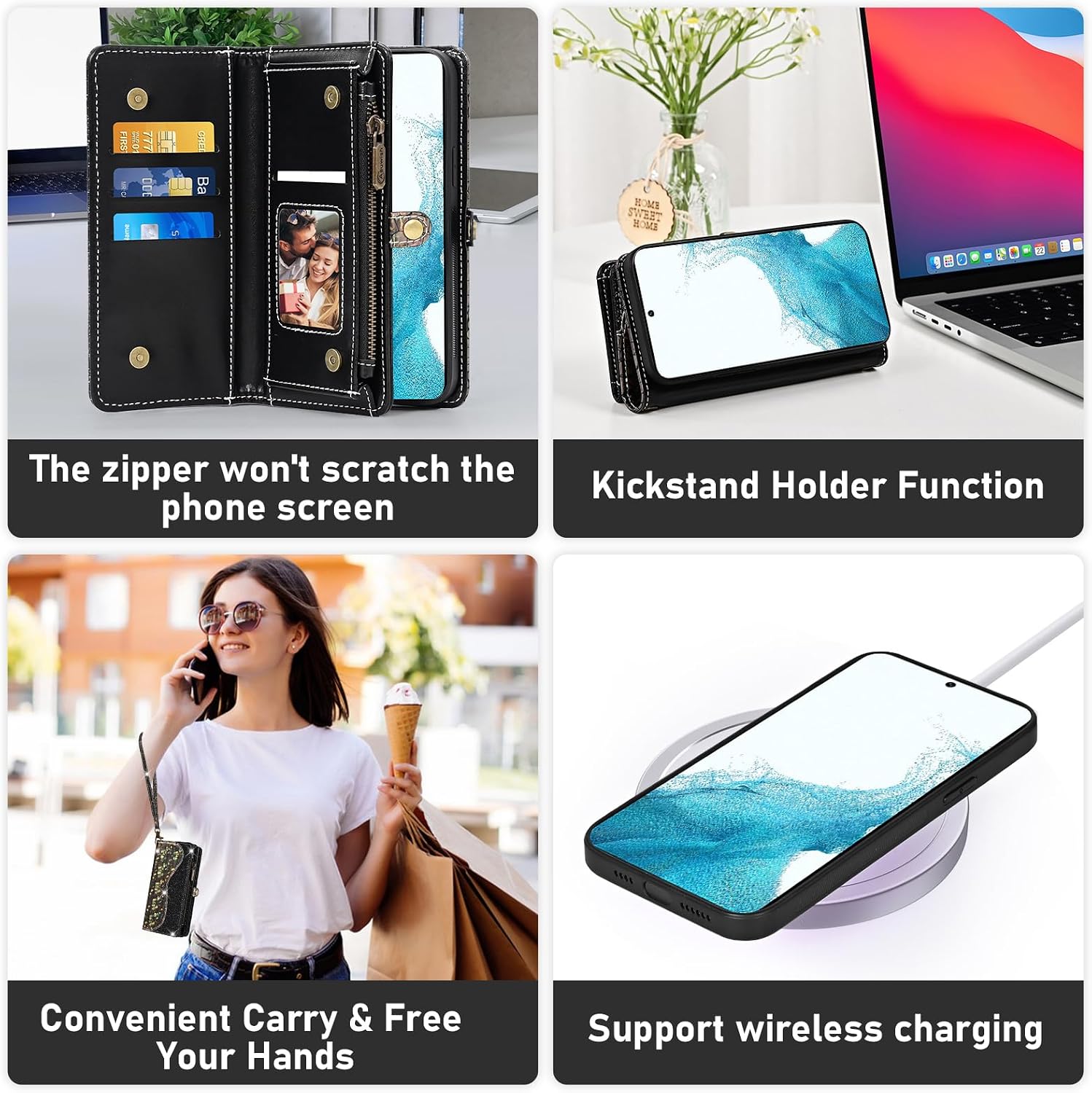 Asuwish Phone Case for Samsung Galaxy S22 5G Zipper Wallet Detachable with Screen Protector Cover and Card Holder Slot Wrist Strap Flip Purse Cell Accessories S 22 22S 4G G5 6.1 inch Women Men Black