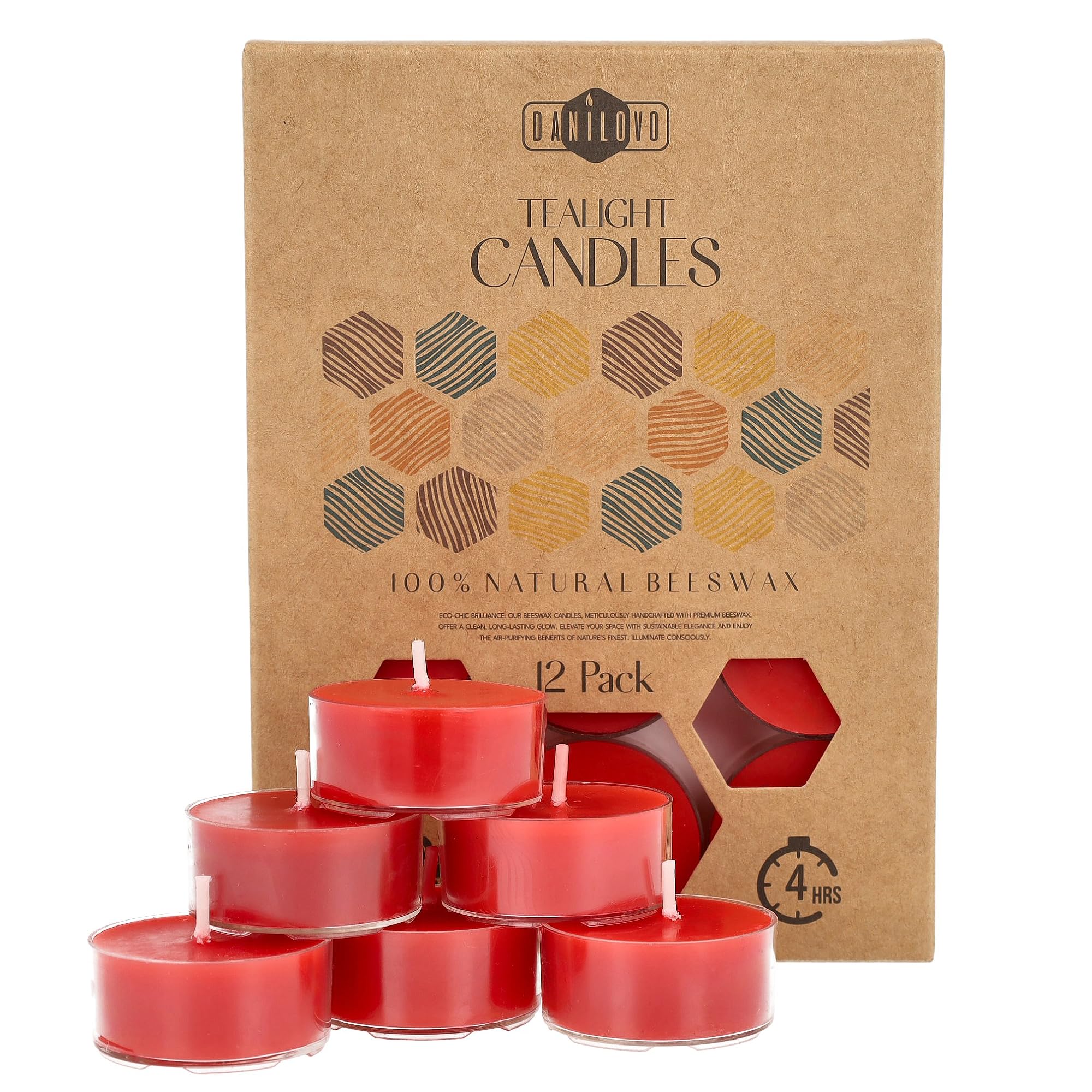 Danilovo Red Pure Beeswax Tealight Candles W/Cotton Wicks - Pack Of 12 4-Hour Burning Time Votive Candles Crafted By Recycled Plastic