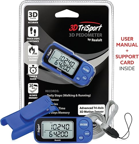 Miniatura 7 de Realalt 3DTriSport Walking 3D Pedometer with Clip & Strap, eBook Included 30 Days Memory Accurate Step Counter, Walking Distance MilesKm, Calorie