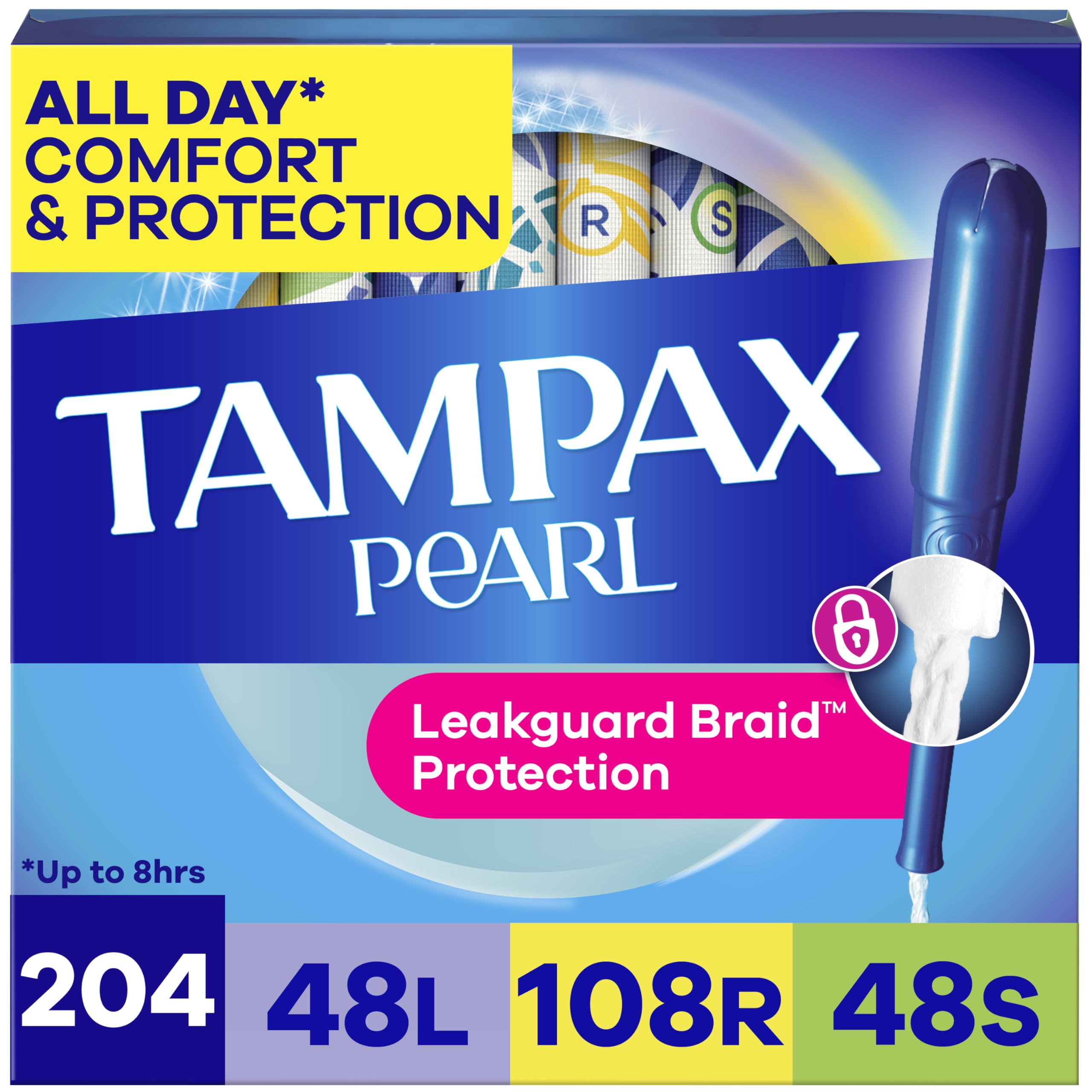 Tampax Pearl Plastic Tampons for Women Multipack, with LeakGuard Braid, Light/Regular/Super Absorbency, Unscented, 204 Count (6 Packs of 34)