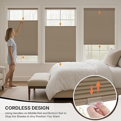 Miniatura 4 de LazBlinds Persianas celulares sin cordones de arriba hacia abajo hacia arriba (TDBU), opacas con bloqueo de luz, persianas plisadas de poliéster