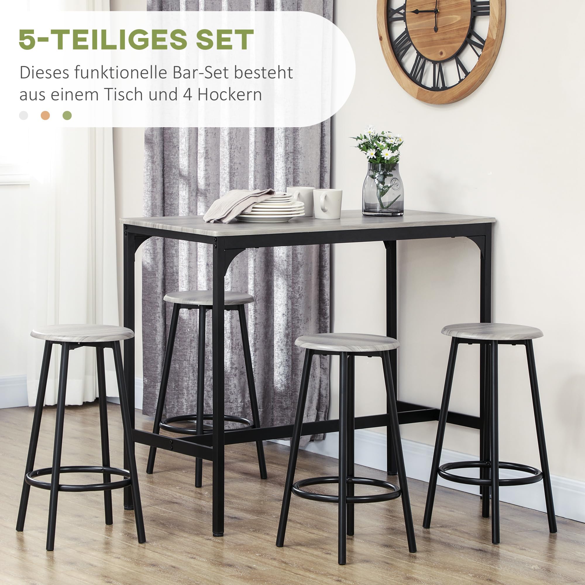 HOMCOM Bartisch Set Bartisch mit Barhocker-Set Esstisch mit 4 Barhocker Küchentisch für Esszimmer, Küche, Grau