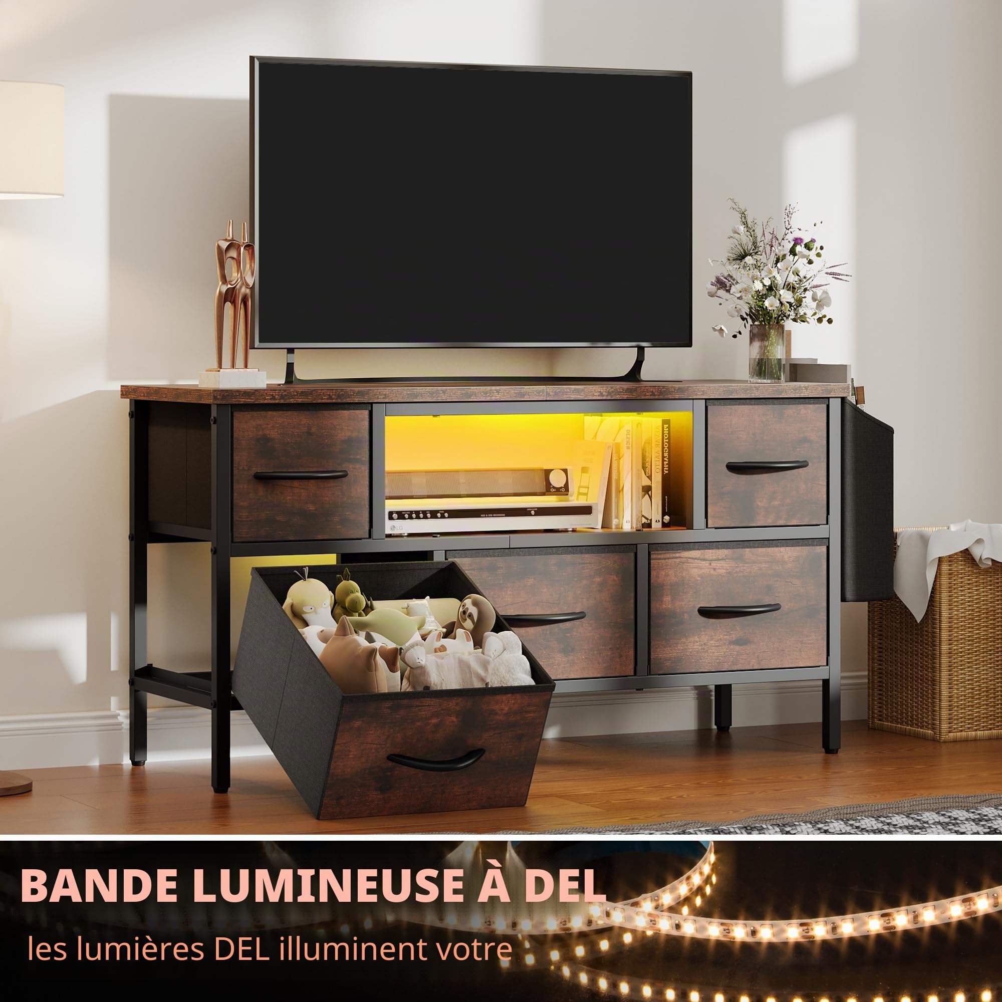 YITAHOME Meuble TV pour Salon avec 5 tiroirs Pliables et étagères - Meuble TV avec éclairage LED RVB - Centre de Divertissement avec Armoire pour PS5 (Marron)