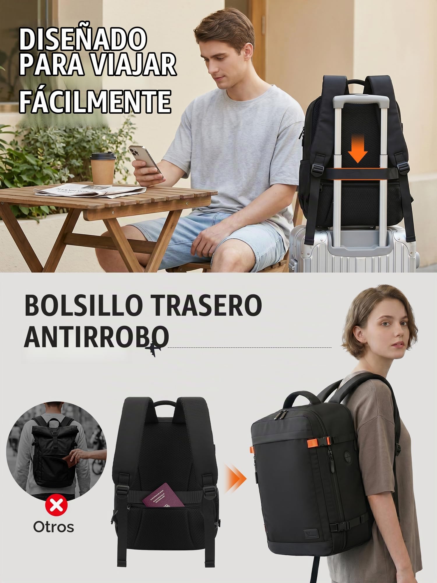 Yankony Mochila 40x30x20 para Ryanair Expande a 40x30x25 | 24L Ampliable a 30L Mochila Viaje Cabina Avion Maleta con Bolsillo Antirrobo para Hombre y Mujer, Negro
