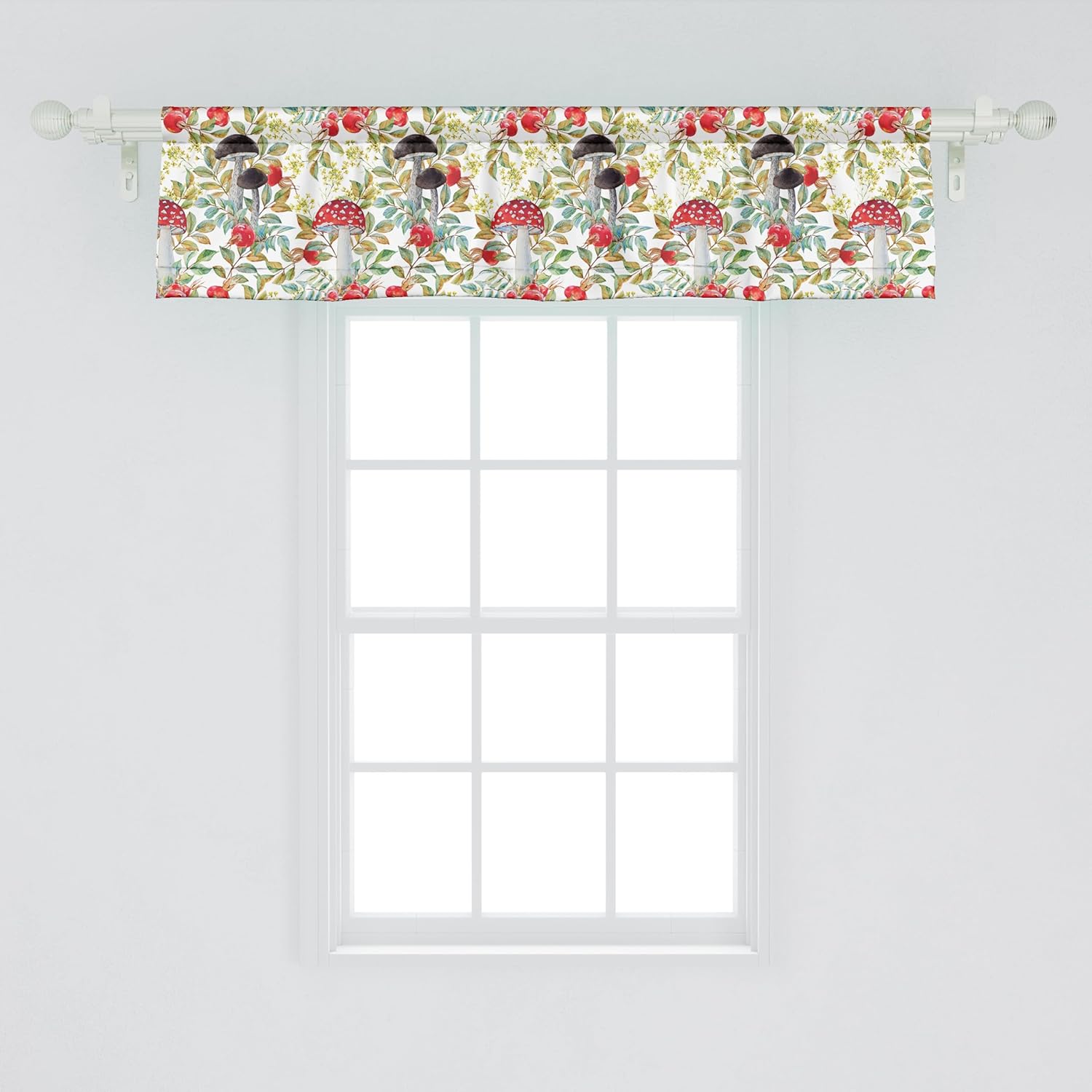 Ambesonne Watercolor Window Valance Pack of 2, Hand Drawn Dogrose and Mushrooms Autumn Leaves Berries Amantias Nature Inspired, Rod Pocket Curtain Valances for Kitchen Bedroom, 54" X 12", Red Green