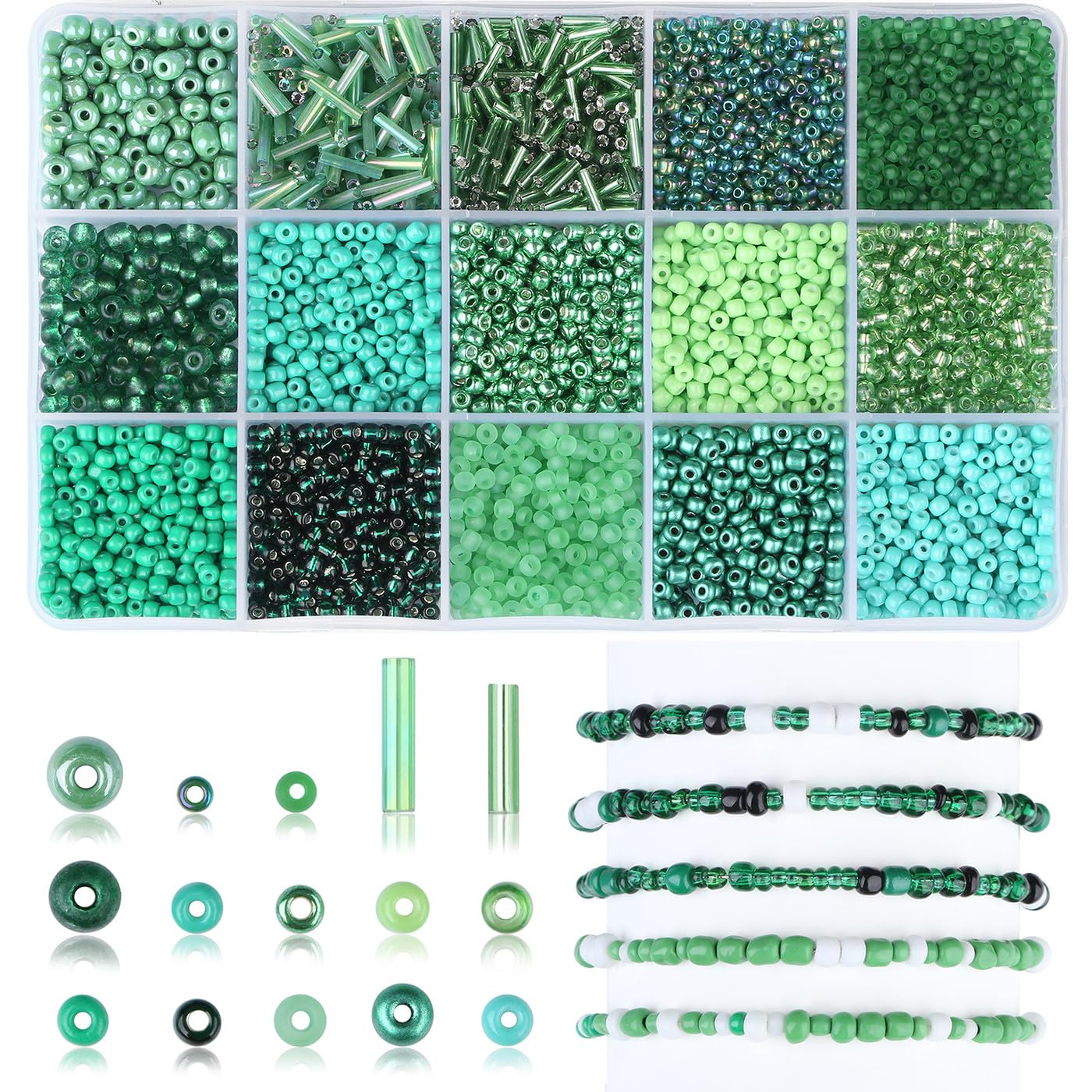 AWARDSEN Green Seed Beads Small Tube Beads Embroidery Beads Kits 15 Color Green Glass Beads for Jewellery Making DIY Crafting 4mm 3mm 2mm Small Bead