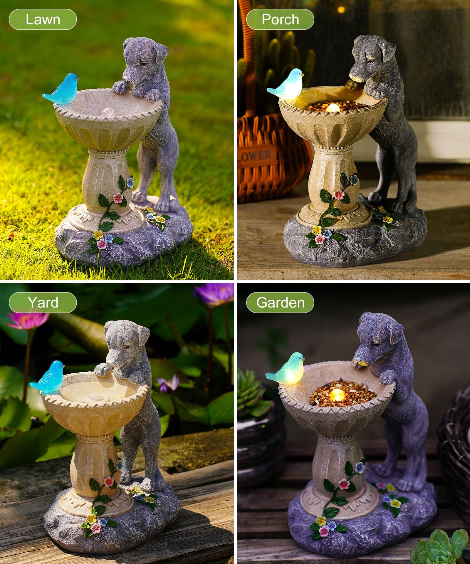Solar Hund Figuren mit Solar Vogelleuchten Deko für Außen：Lustige Hunde Gartendeko Hundebesitzer Geschenk für Frauen Mama - Wasserdicht Deko für Garten Balkon Terrasse