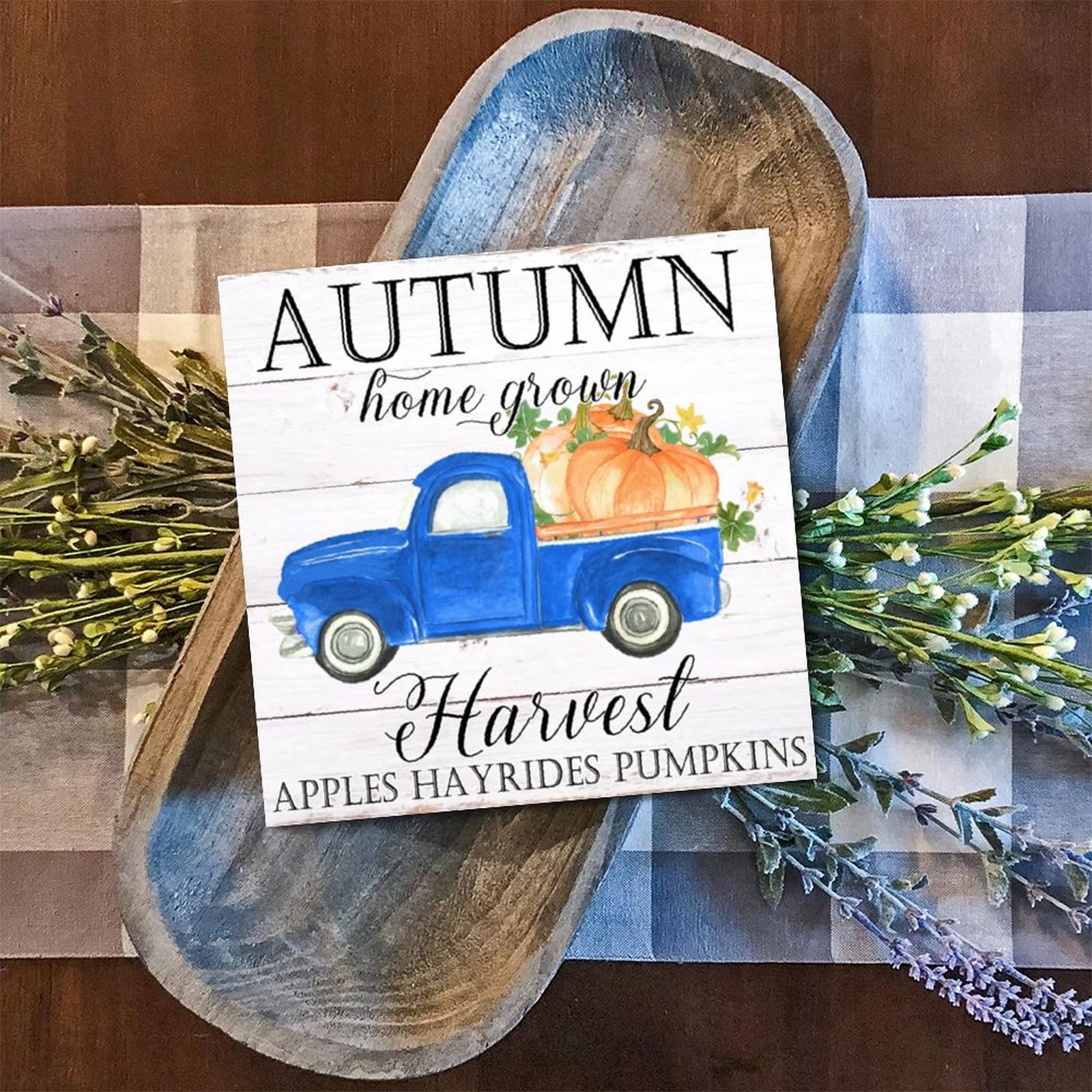 Panneau en bois Autumn Harvest pour salon et bureau - Camion bleu chic 30,5x30,5 cm