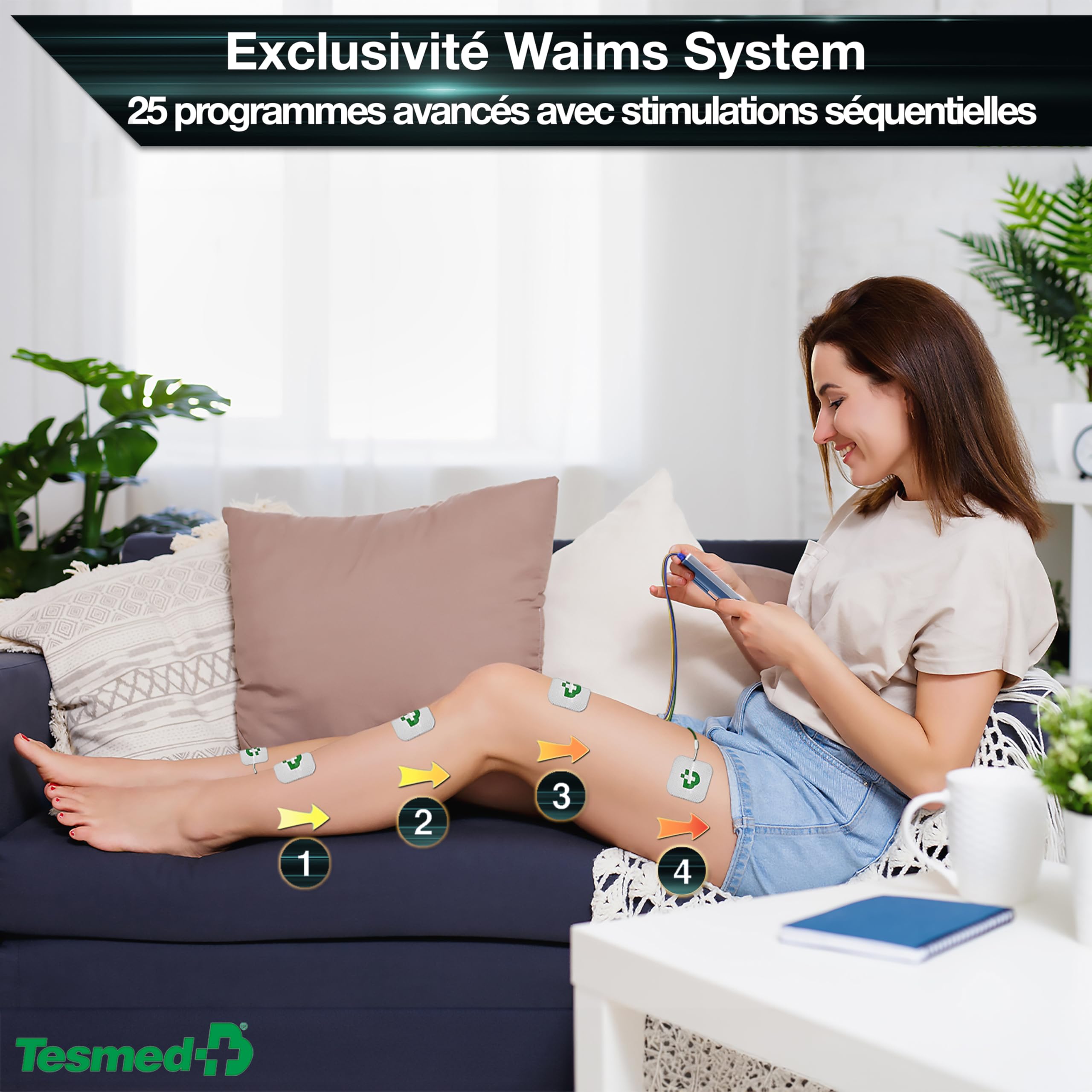 TESMED Max 830: Electrostimulateur Musculaire Professionnel Tens/EMS/Massage avec Stimulation Séquentielle, 4 Canaux, 115 Programmes Dont 20 Personnalisables, Rechargeable, Inclus 20 Électrodes