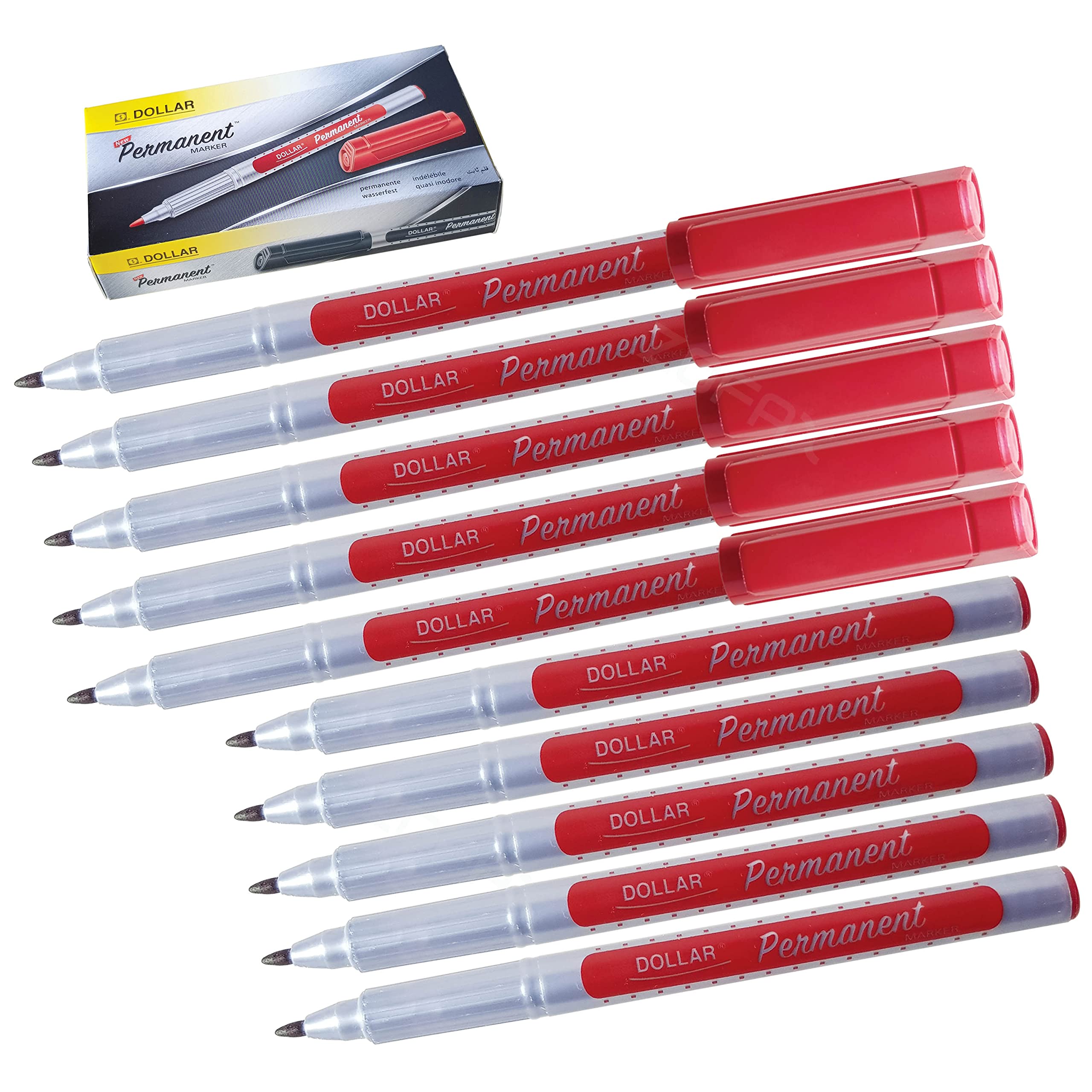 DOLLAR UM 1.0 Permanent Marker Pens, RED, Medium Point (1.0 mm), Pack of 10, Waterproof, Quick Drying, Mark Write Sketch