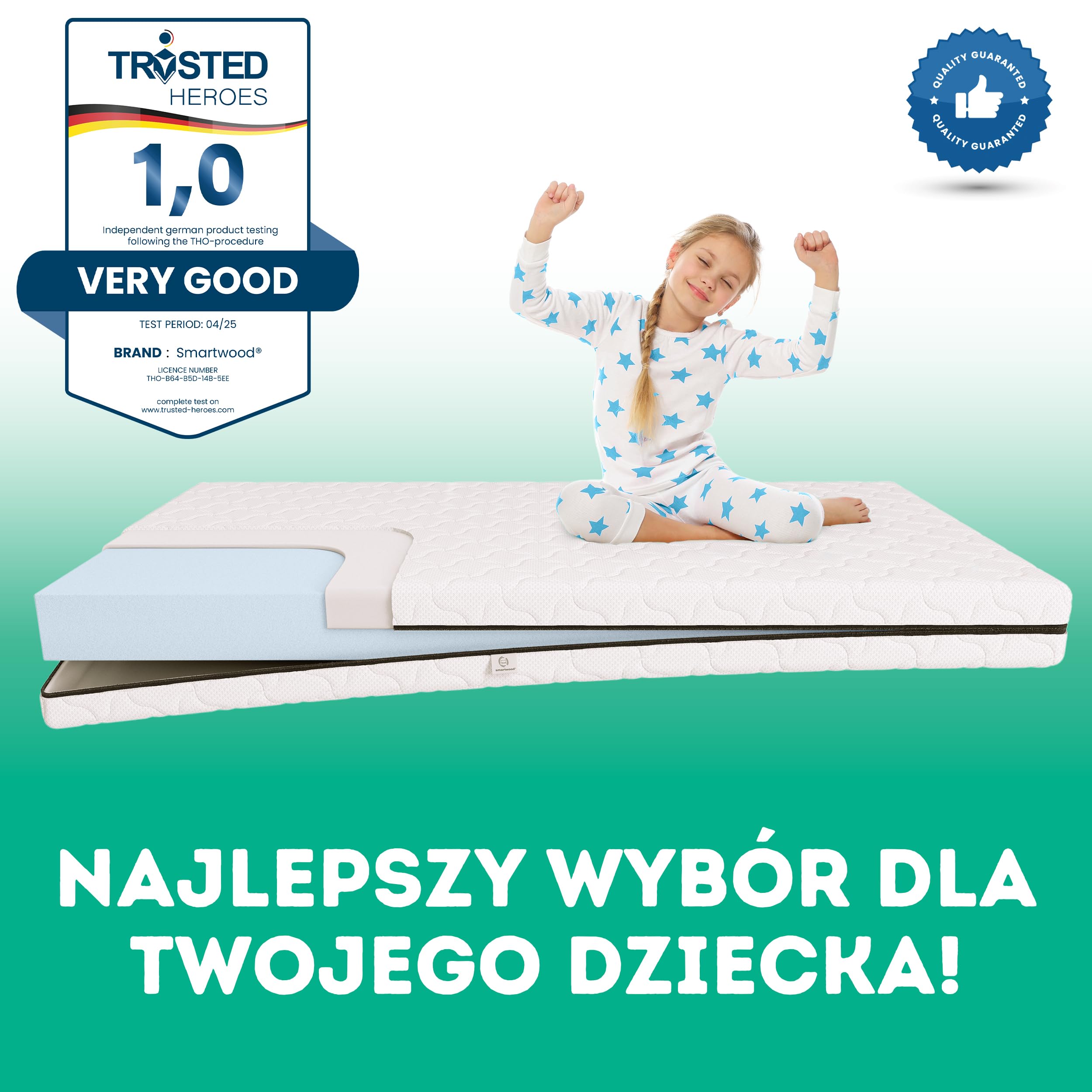 smartwood Materac 90x200 12 cm, H2, Piankowy, Prześcieradło, SmartComfort | Materac dziecięcy, Oeko-TEX, oddychający, antyalergiczny, zdejmowany pokrowiec, pranie w 40°C, gęstość 25 kg/m³, dwustronny