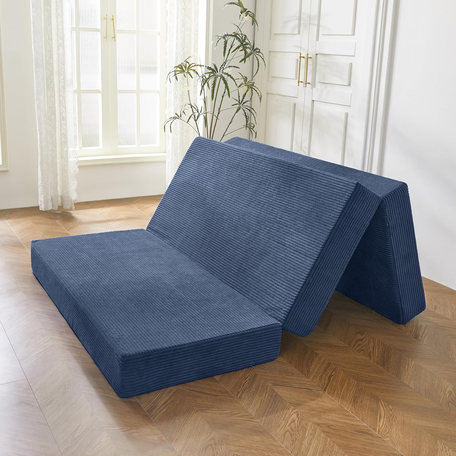 BYBYME Tri-Folding Corduroy Mattress, 6 Inch Gel Folding Mattress Topper, Foldable Soft Guest Bed Camping Pad, Washable Cover (Bluestone, Full)