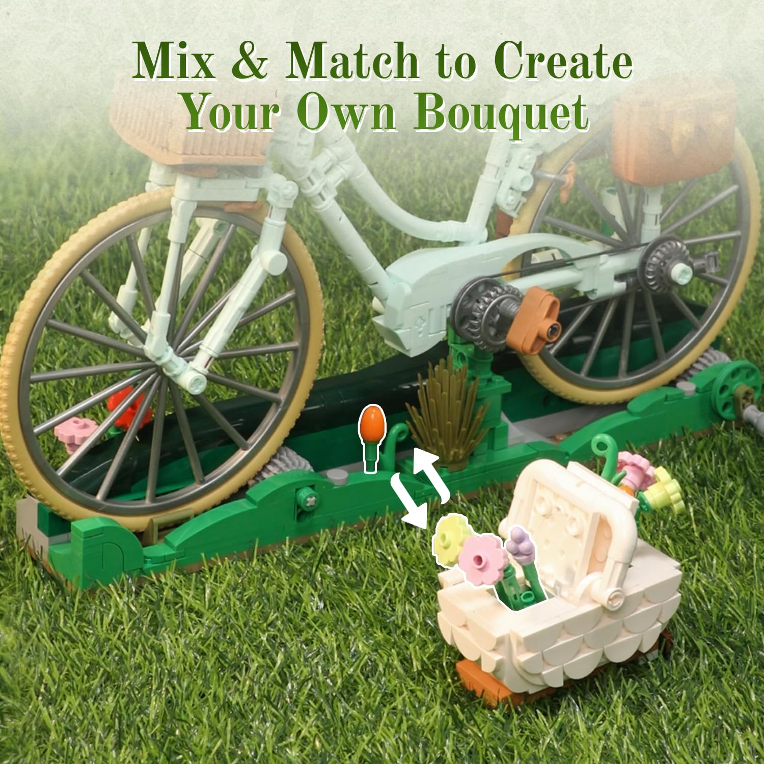 PANTASY Juego de bloques de sujeción para bicicleta, diseño vintage | Juego de construcción de bicicleta para adultos, diseño vintage con cestas de flores, escena de picnic, cachorro, regalo