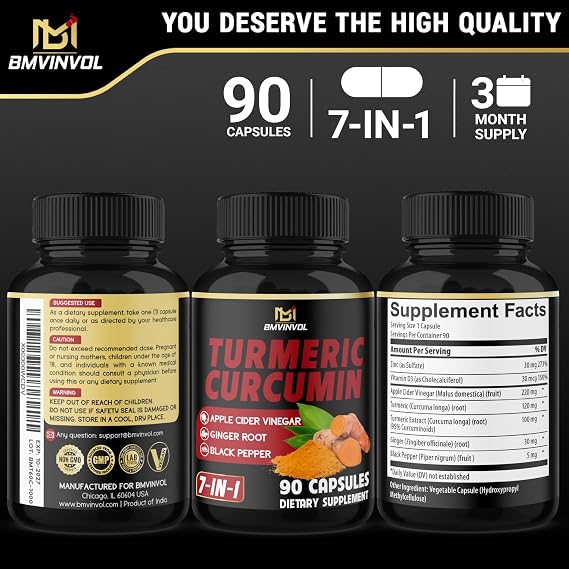 Turmeric Curcumin - 95% Curcuminoids & Apple Cider Vinegar, Ginger Root and Black Pepper for Advanced Absorption - 90 Capsules [3-Month Supply]