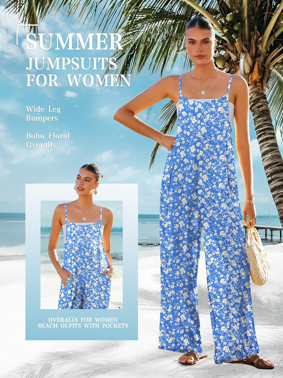 ATOG Women's Summer Jumpsuits Boho Wide Leg Overalls Casual Floral Print Rompers Beach Outfits with Pockets - Image 5