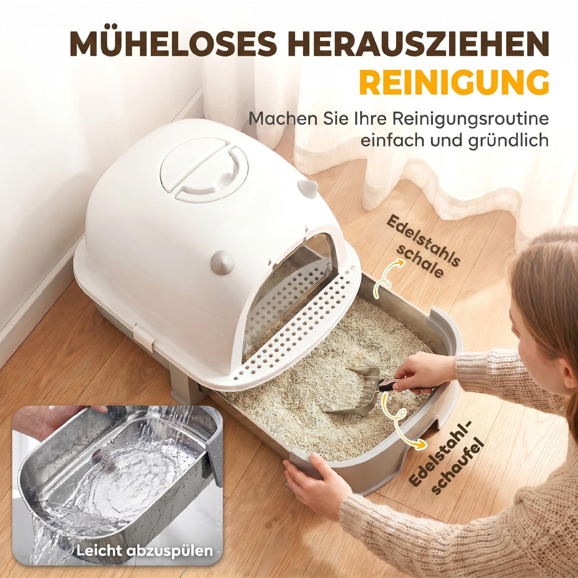 PawHut Katzentoilette mit Abnehmbarem Deckel bis 5 kg 52 x 42 x 39 cm Grau | Edelstahl, Katzenklo, Schaufel, Aktivkohlefilter, Geruchsdicht, für Mittelgroße Katzen