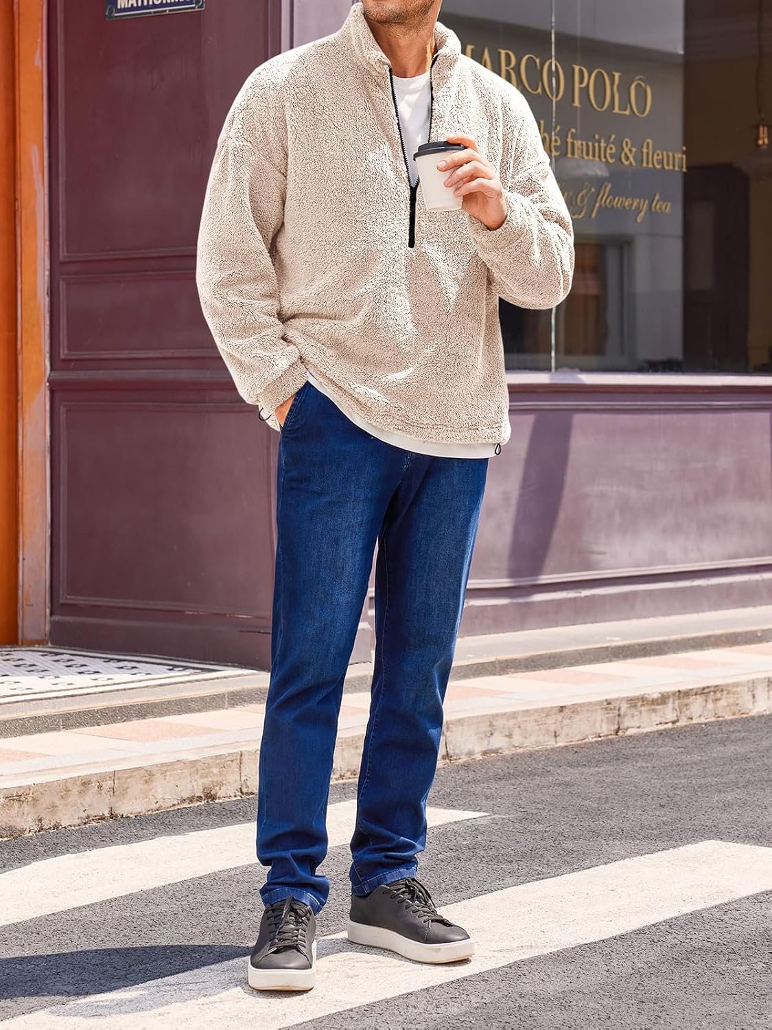 Runcati Mens Fuzzy Sherpa Sweatshirt Quarter Zip Pullover Long Sleeve Winter Fall Fleece Outwear - Image 4