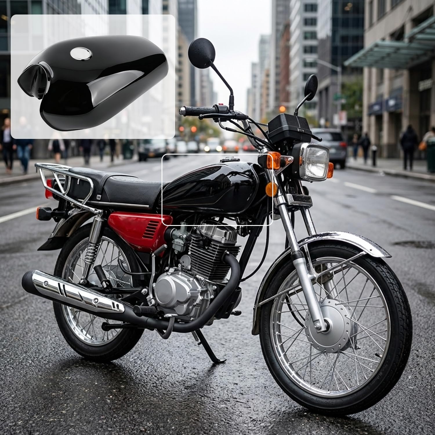 Uniwersalny zbiornik paliwa motocyklowego, pojemność 9 l, czarny, retro, z wyłącznikiem pokrywy, uniwersalny podział standardowy