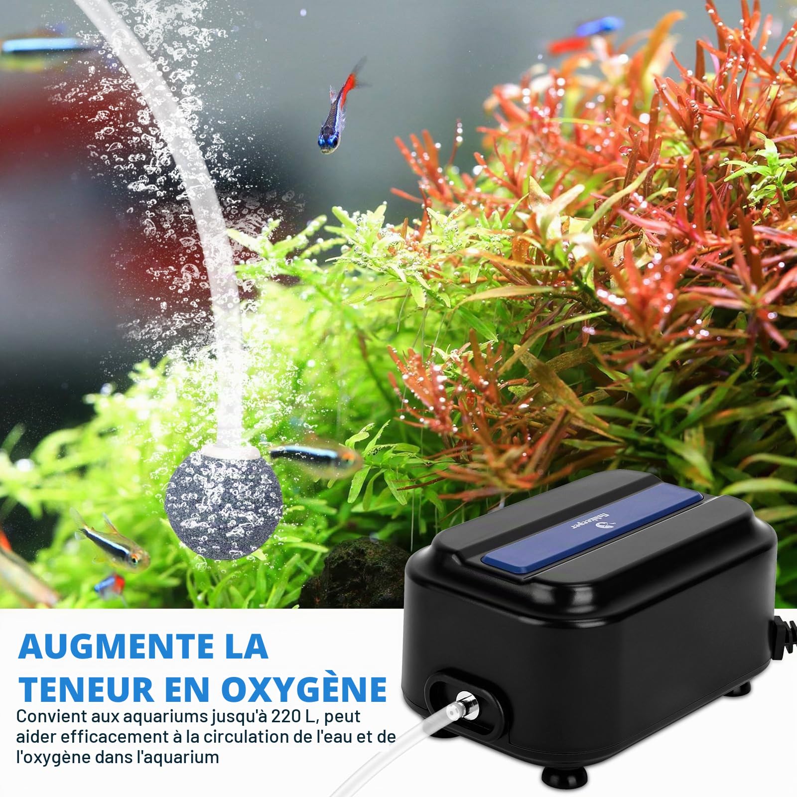 Pompe à air silencieuse pour Aquarium fishkeeper, 2.5/5W/8Watt Pompe à air pour Aquarium jusqu'à 570L, débit d'air Maximum 500LPH