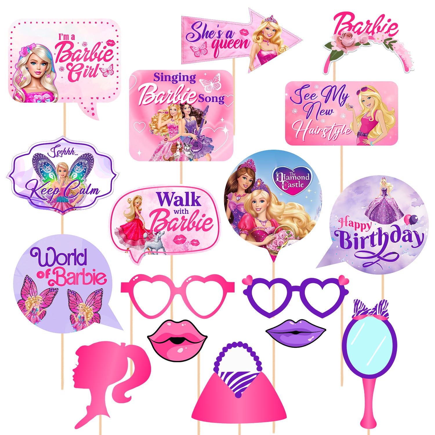 Zyozique ® Barby Princess Photo Booth Props - Girls Birthday Props (Pack of 17)