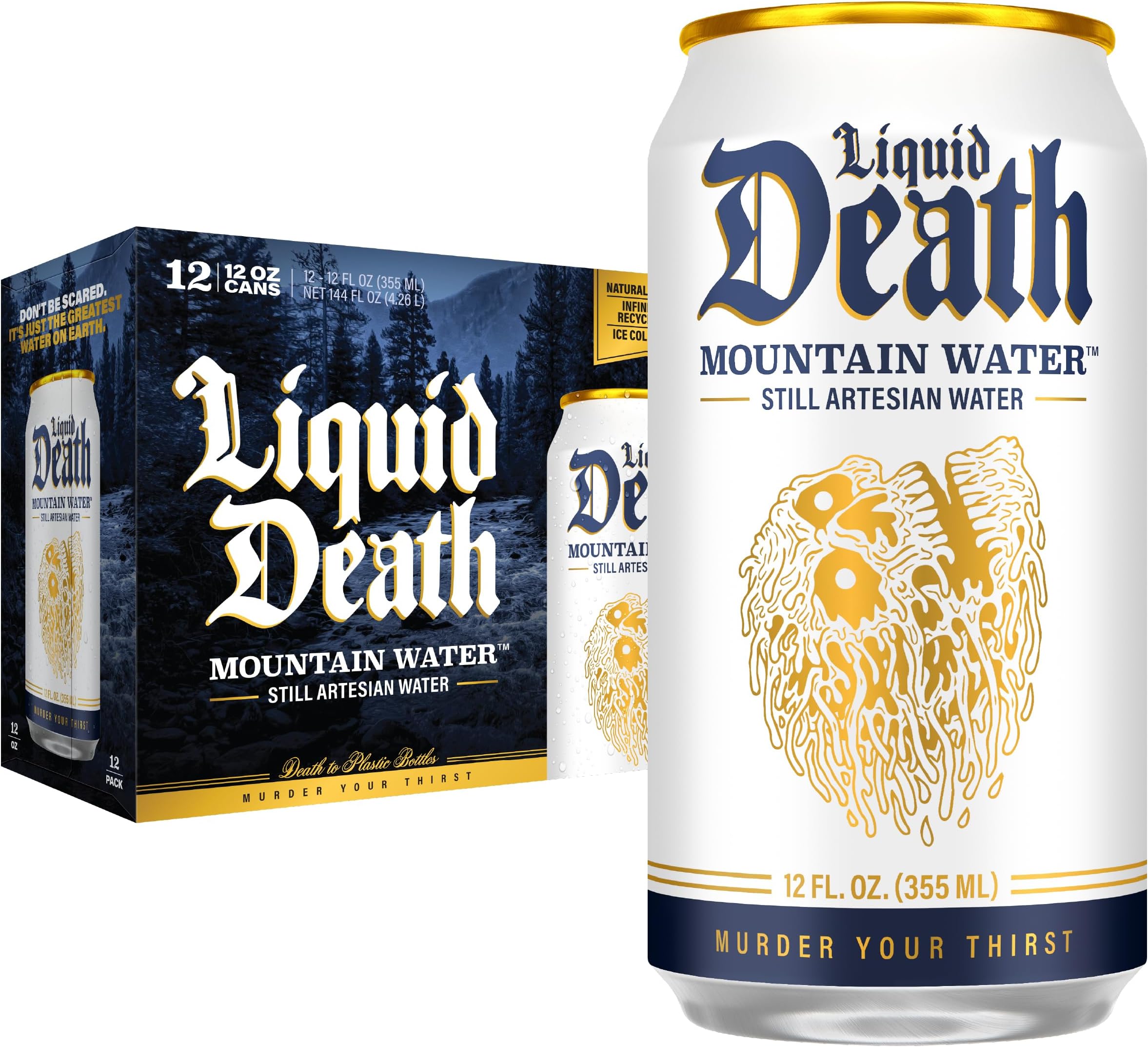 Liquid Death Still Mountain Water, Real Mountain Source, Ice-Cold Cans, Infinitely Recyclable, 12 Fl Oz (Pack of 12)