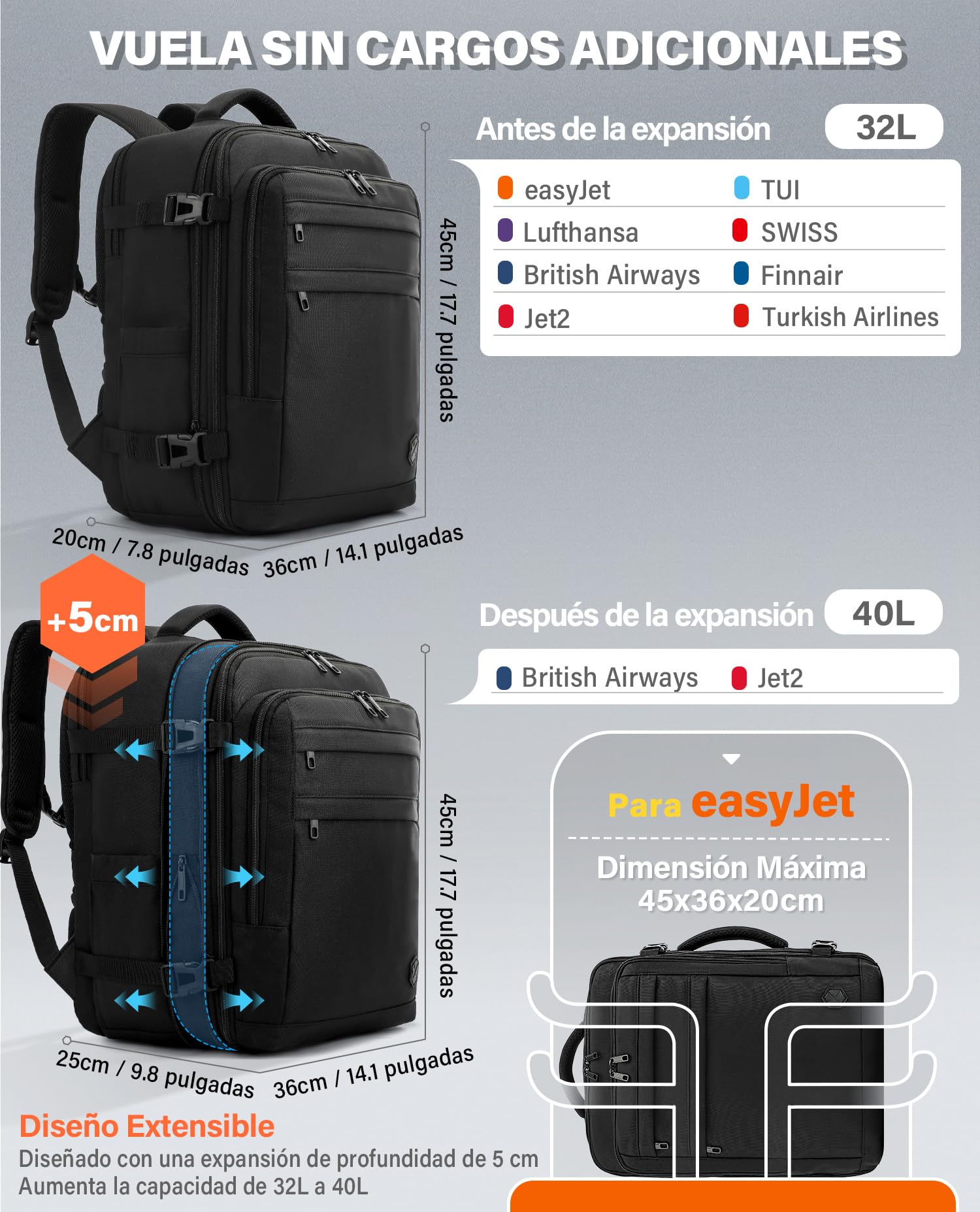 VANKEV Mochila Viaje Cabina Avion Extensible para Vueling Ryanair EasyJet Eurowings 40x30x20, 24L a 30L, 45x36x20, 32L a 40L, Equipaje de Mano Bolso de Viaje Apta para Portátil de 15,6 Pulgadas