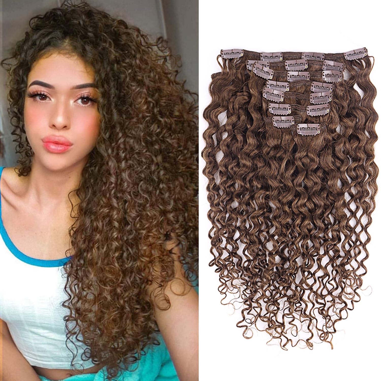 Wepwcod Curly Clip in Hair Extensions Real Human Hair 8Pcs With 18 Clips Clip in Hair Extensions for Women Curly Clip ins Soft & Natural 120g (Brown-JC