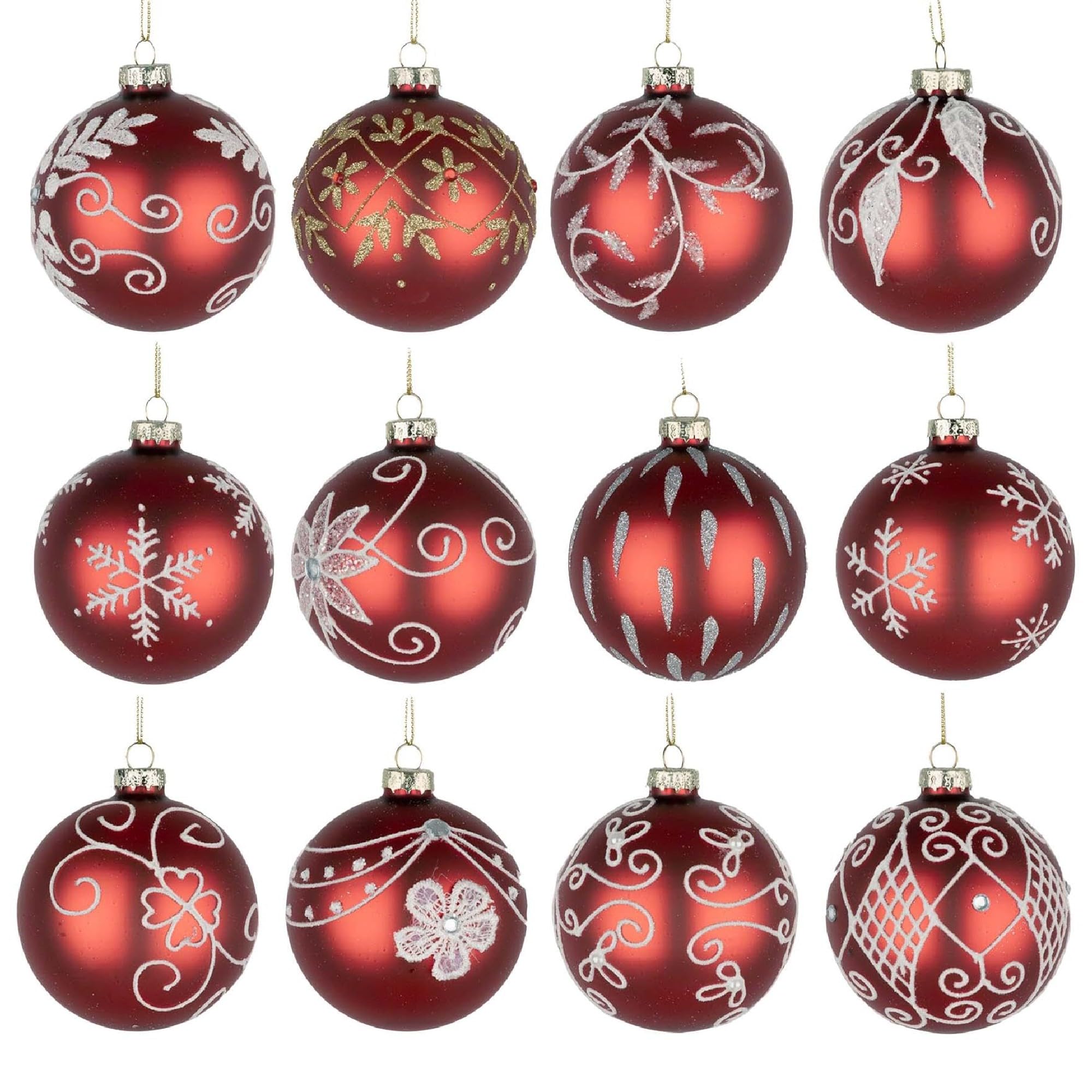Shatchi Red Designed 12Pcs/80Mm Glass Baubles Christmas Tree Balls Spheres Hanging Ornaments Set Assorted Designs Xmas Tree Decorations,