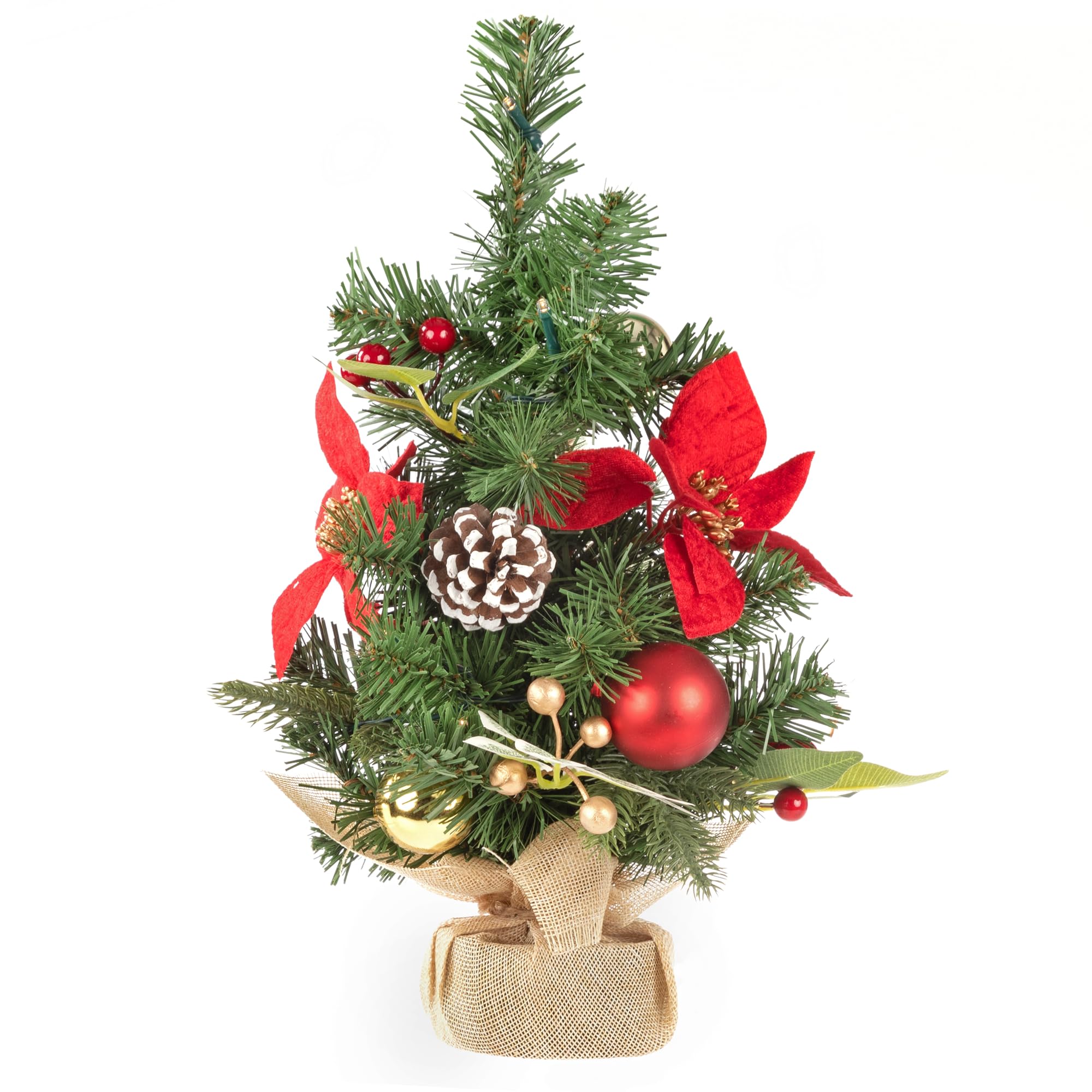 Idena 31901 – dekoracyjna choinka z 10 diodami LED w kolorze ciepłej bieli, ok. 40 cm, choinka z ozdobami w kolorze czerwono-złotym, dekoracja świąteczna do wnętrz, zasilana bateryjnie z timerem