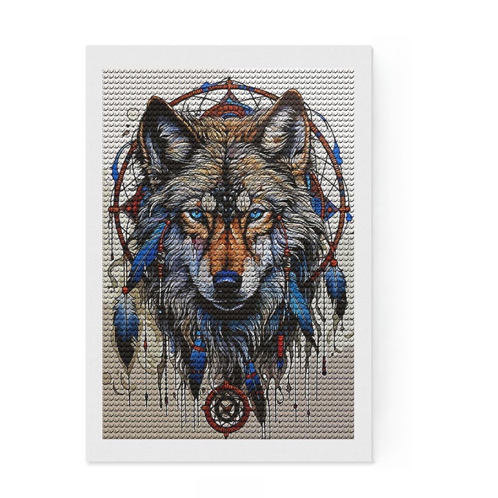 Junmoney Dream Catcher Wolf Round Drill Diamond Painting 8"x12", for Teens, Farmhouse Decor, Pleasing Wall Art Project, Festive Craft Gift